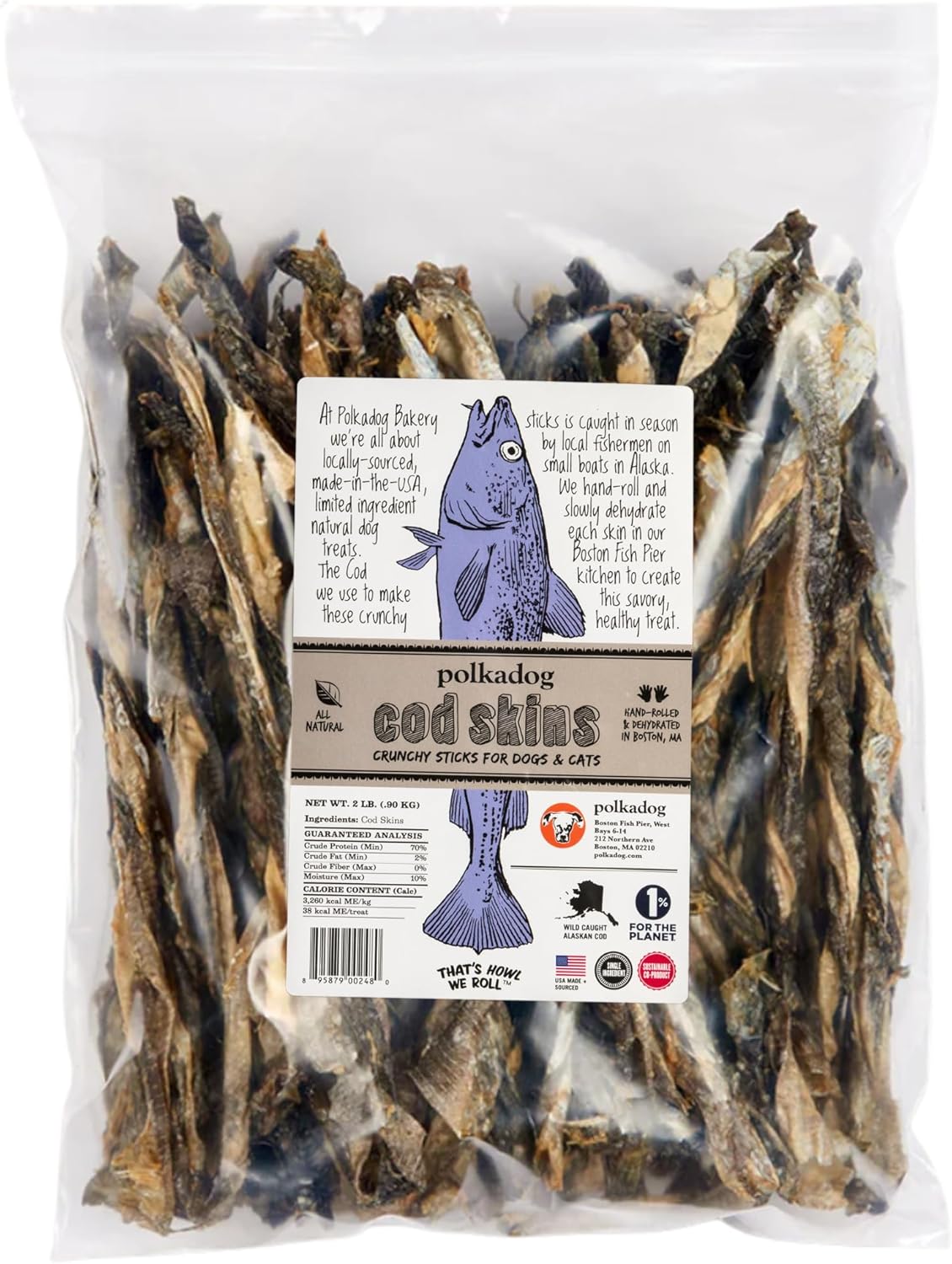 Polkadog Cod Skins for Dogs (2lb Regular) - Single Ingredient, Wild-Caught Fish Skin Dog Treats for All Breeds  High in Lean Protein & Omega-3. Hypoallergenic, Grain Free. Handcrafted & Made in USA