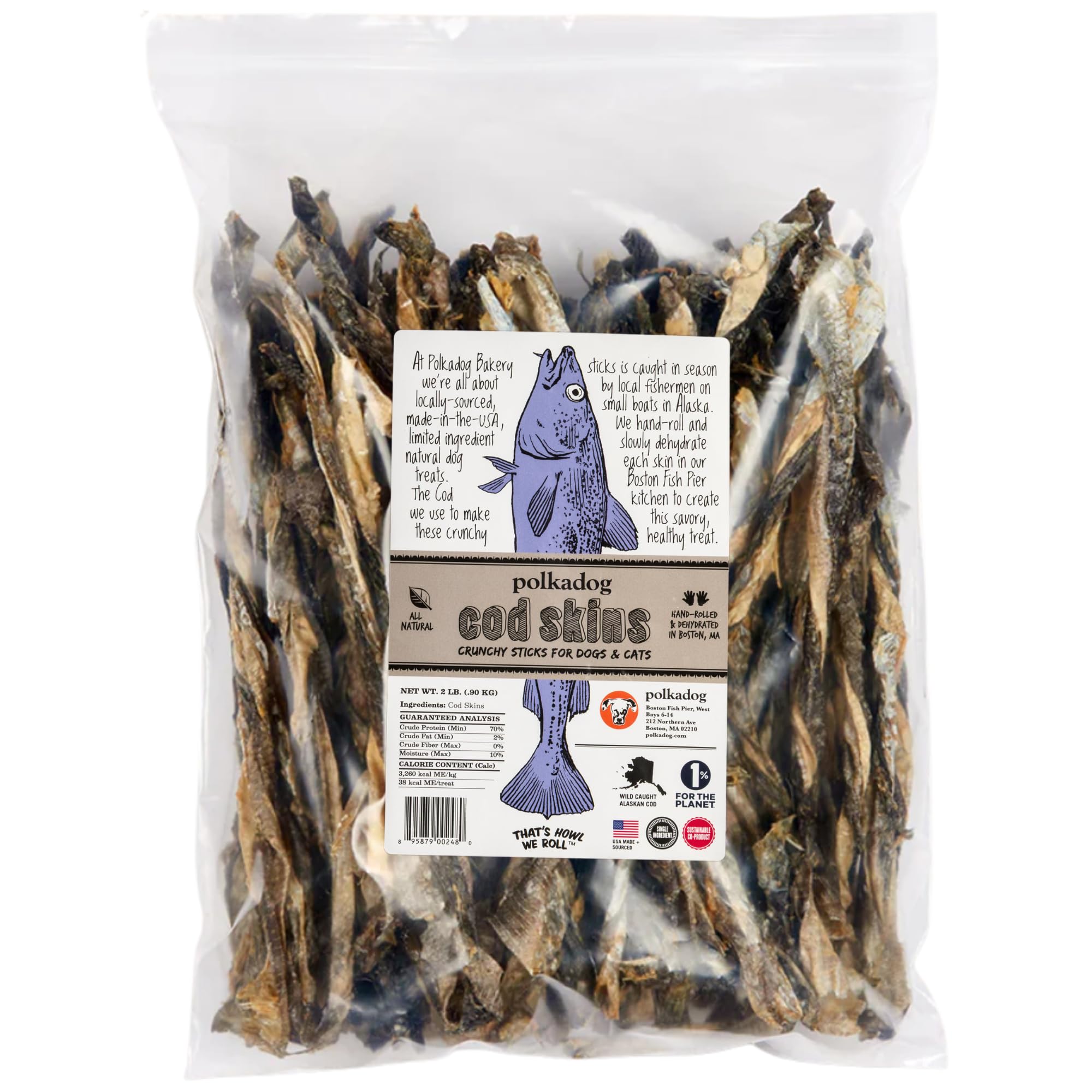 Polkadog Cod Skins for Dogs (2lb Regular) - Single Ingredient, Wild-Caught Fish Skin Dog Treats for All Breeds – High in Lean Protein & Omega-3. Hypoallergenic, Grain Free. Handcrafted & Made in USA