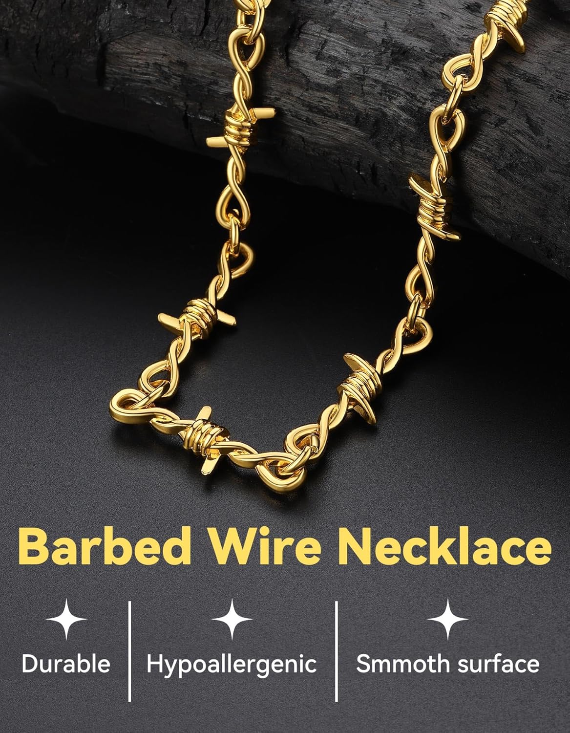 ChainsHouse Barbed Wire Necklace Punk Thorns Chain Necklace for Men Women, 5/6/7/9/12MM Wide Stainless Steel/Black Metal/Gold Plated Hiphop Rock Jewelry, 18-22 Inches - Image 4