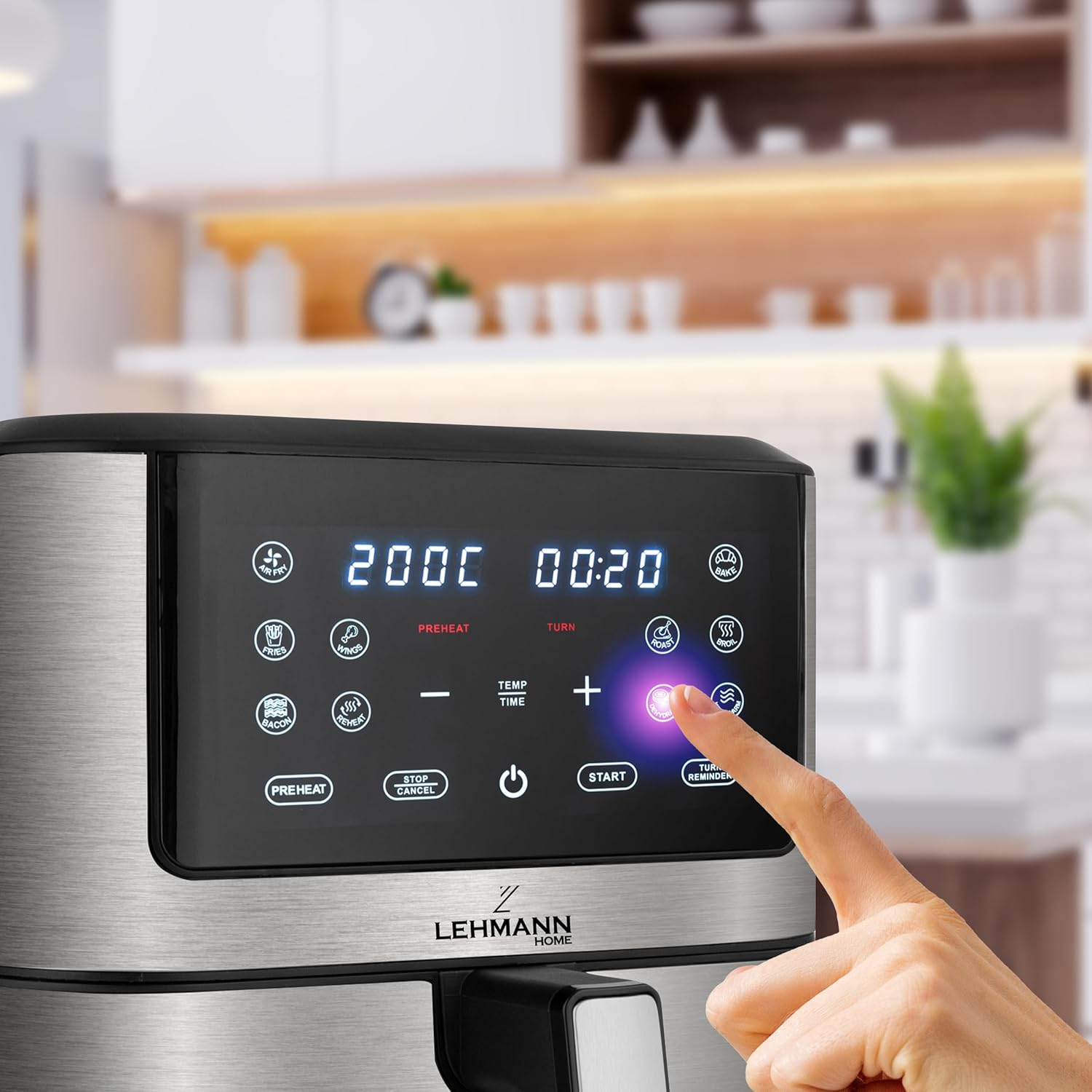 Close-up of the LEHMANN Air Fryer's LED touch screen control panel with a finger pressing a button