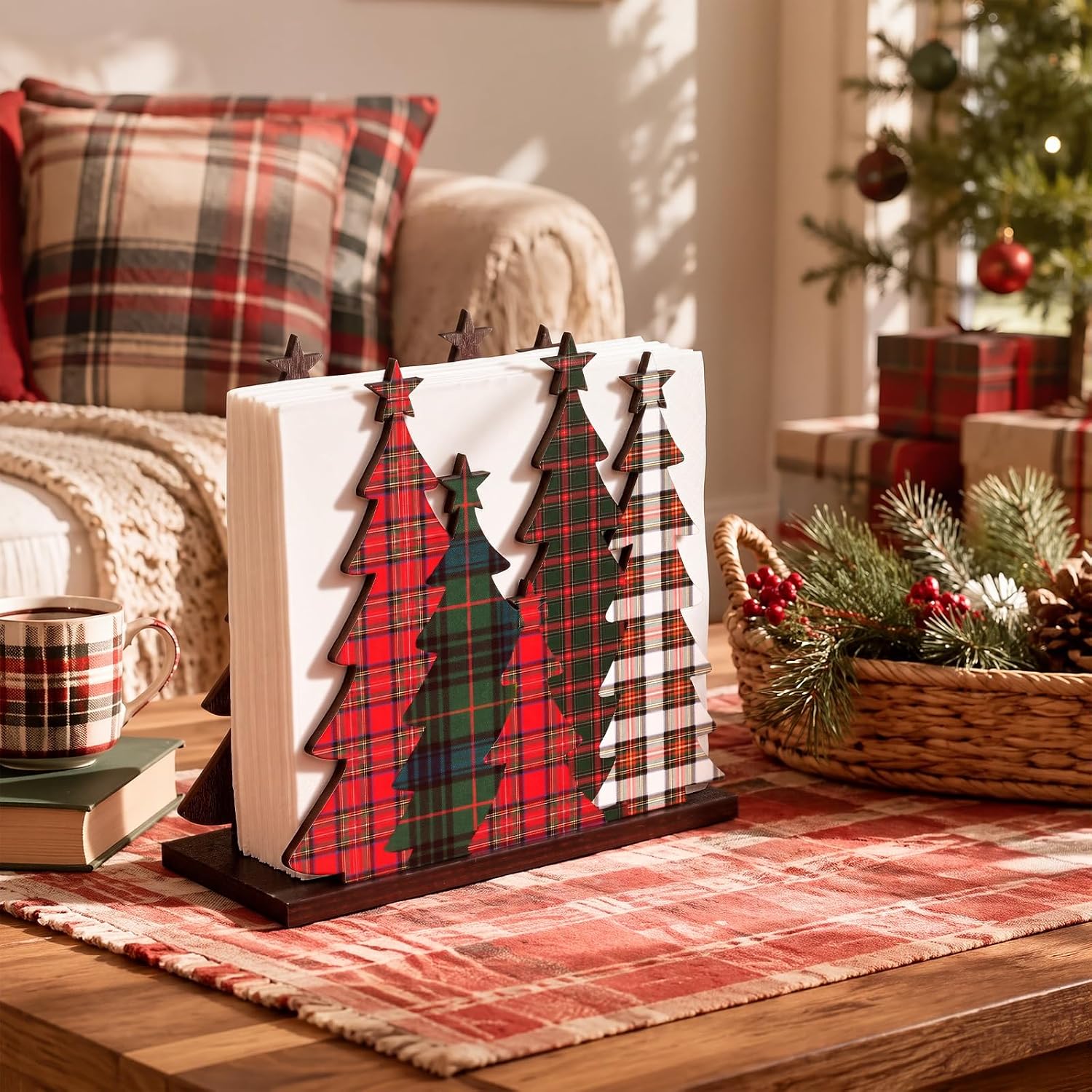 Meanplan Tartan Plaid Christmas Tree Napkin Holder for Table