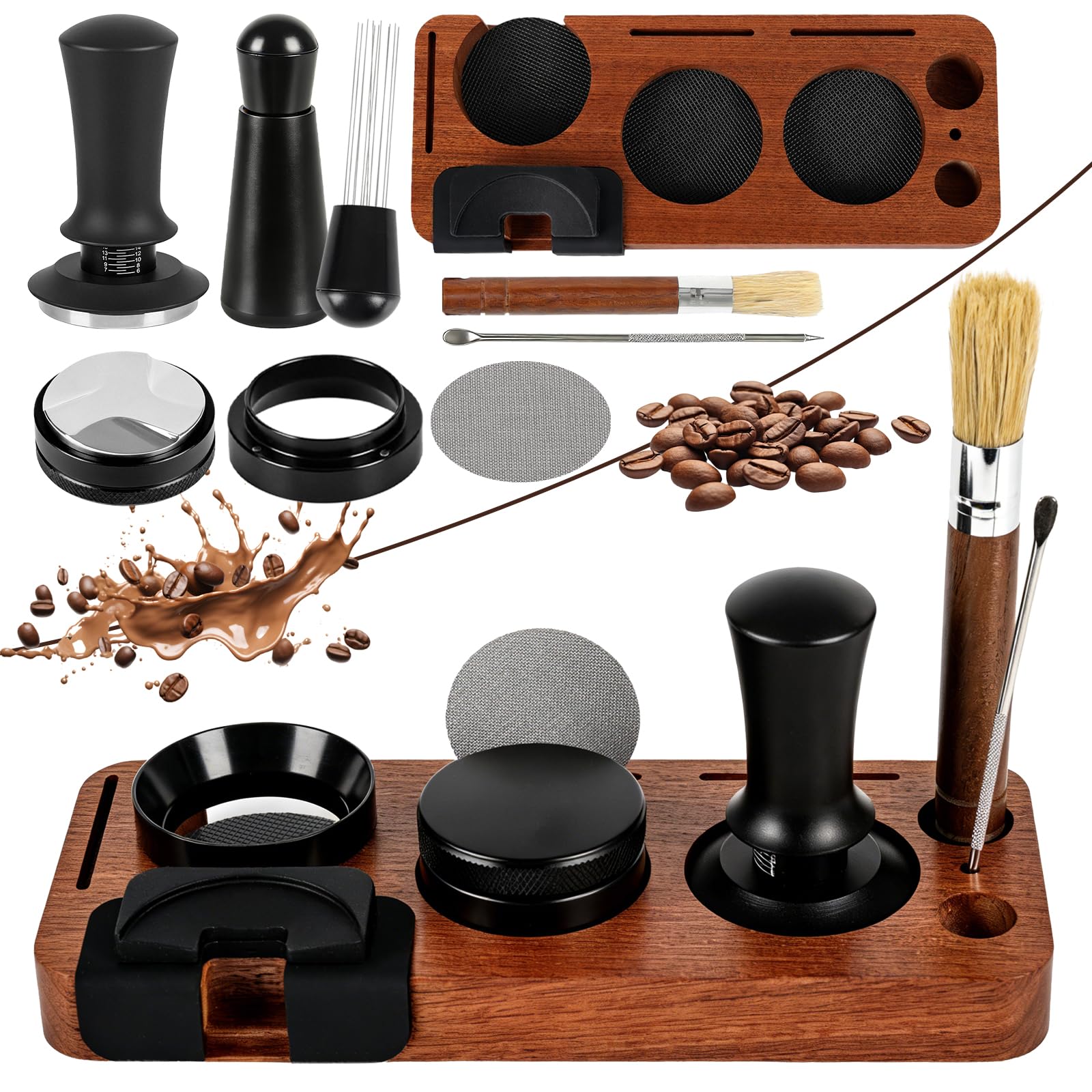 Kit Cafe Barista 51 mm, 8 Piezas Accesorios Cafetera con Tamper, Distribuidor, WDT Tool, Anillo Dosificador, Puck Screen, Tamper Station, Cepillo Limpiador y Latte Art Pen, Juego de Prensador de Cafe