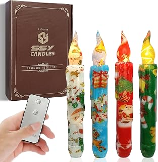 Christmas Candlesticks Flameless Taper Candle,Gedengni 4pcs Red LED Tapered Candles Remote Dipped Candle 6inch Green Battery Chandelier for Enchanting Weddings and Harry Potter Inspired Vigils(CHMAS)