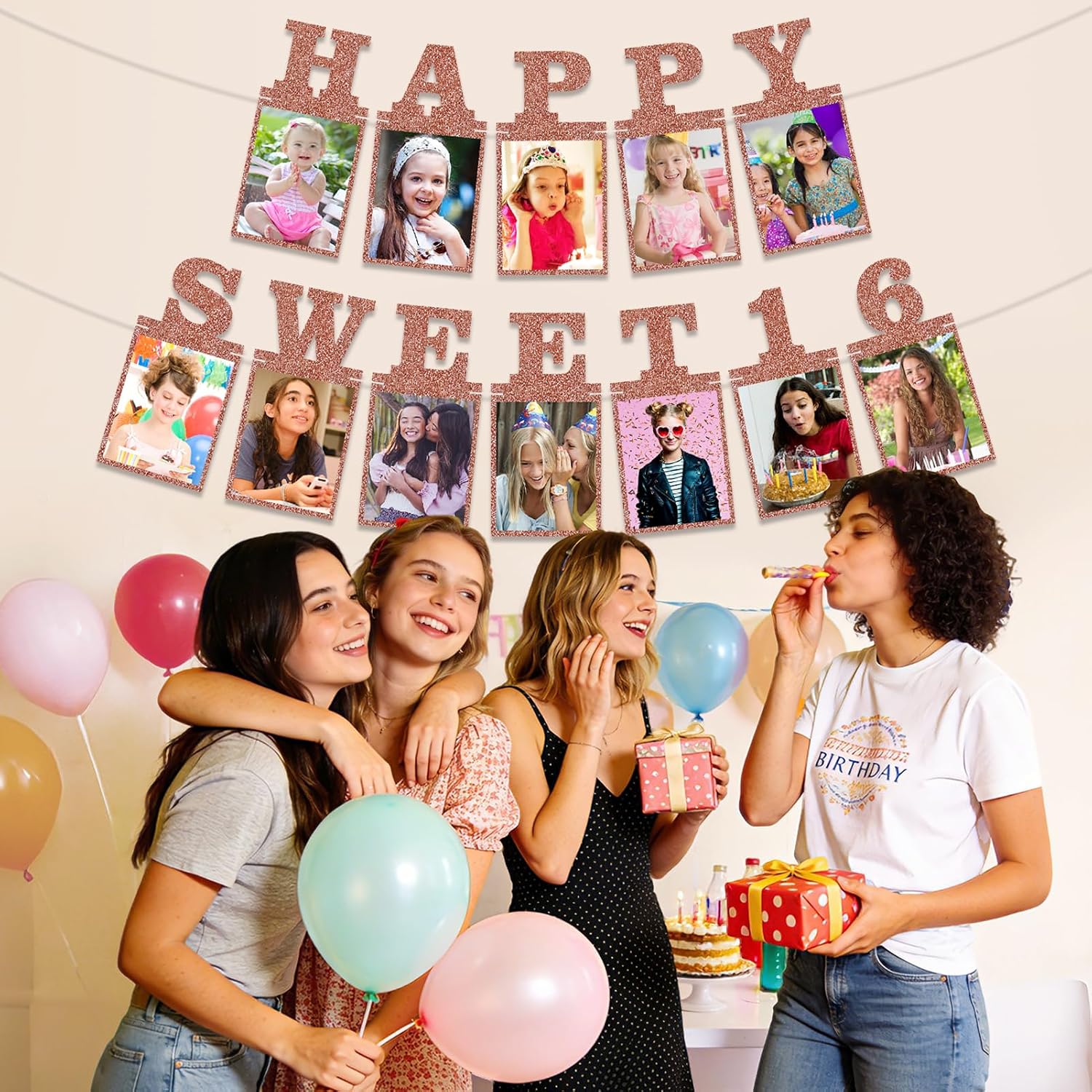 Pre-Strung Happy Sweet 16 Photo Banner Birthday Decorations for Girls Women- Rose Gold Glitter 16th Birthday Banner Sweet 16 Party Decorations Party Supplies