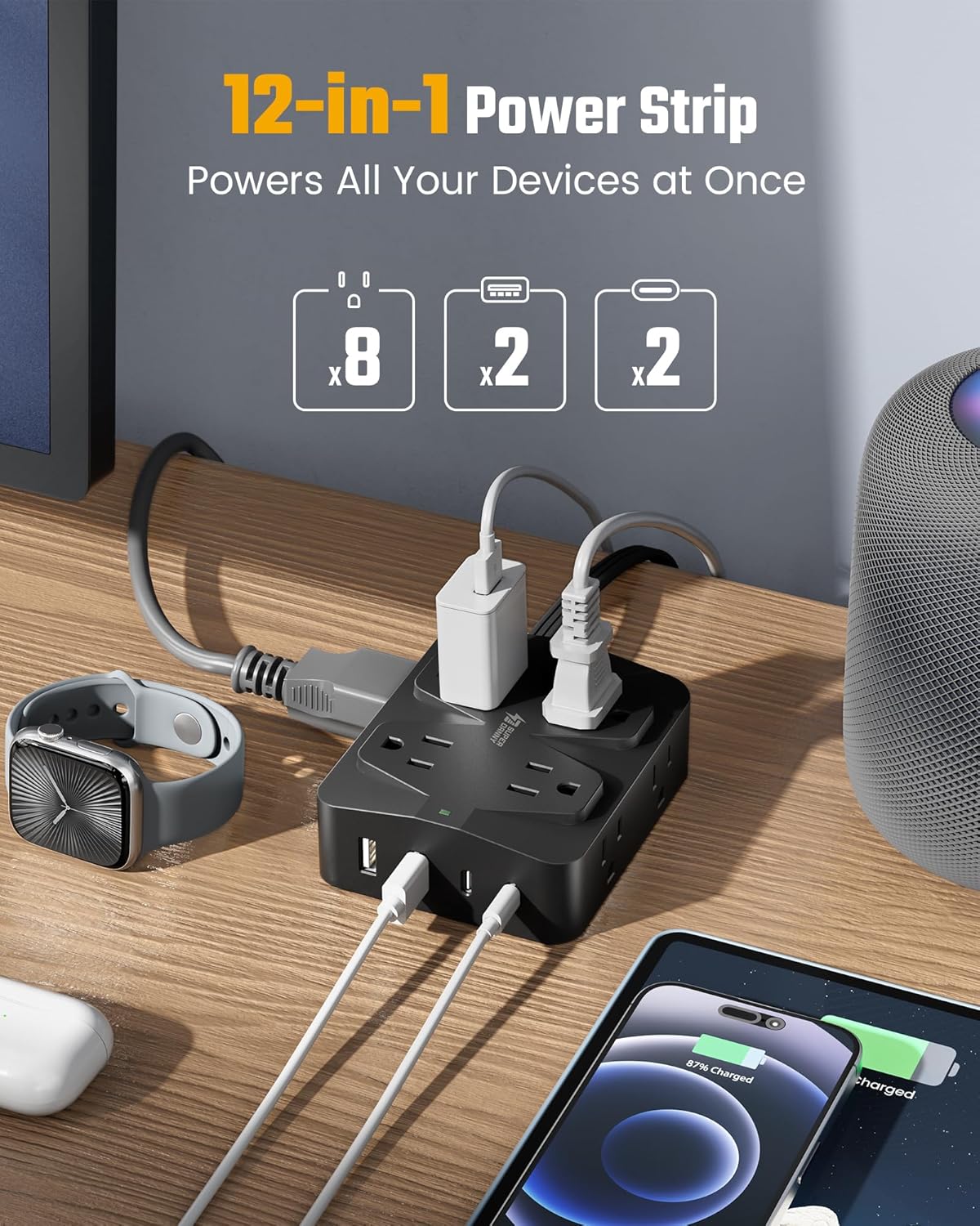 35W Fast Charging Power Strip, SUPERDANNY 6ft Flat Plug Extension Cord (13A/1625W) with 8 Wide Outlets & 4 USB Ports, Wall Mountable, 1050J Surge Protector Charging Station for Home Office Dorm
