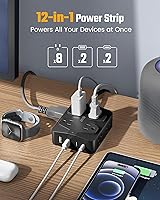 Vista 3 de SUPERDANNY - Regleta de alimentación de carga rápida de 35 W, cable de extensión de enchufe plano de 6 pies (13A/1625W) con 8 tomas anchas y 4 Negro