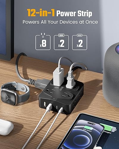 Miniatura 3 de SUPERDANNY - Regleta de alimentación de carga rápida de 35 W, cable de extensión de enchufe plano de 6 pies (13A1625W) con 8 tomas anchas y 4