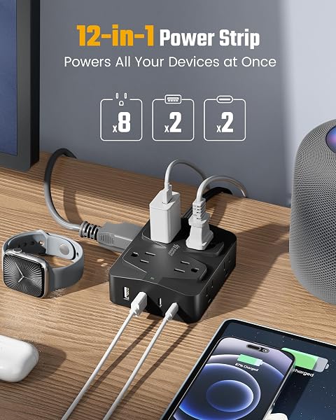 35W Fast Charging Power Strip, SUPERDANNY 6ft Flat Plug Extension Cord (13A/1625W) with 8 Wide Outlets & 4 USB Ports, Wall Mountable, 1050J Surge Protector Charging Station for Home Office Dorm Black 6.0FT - 2