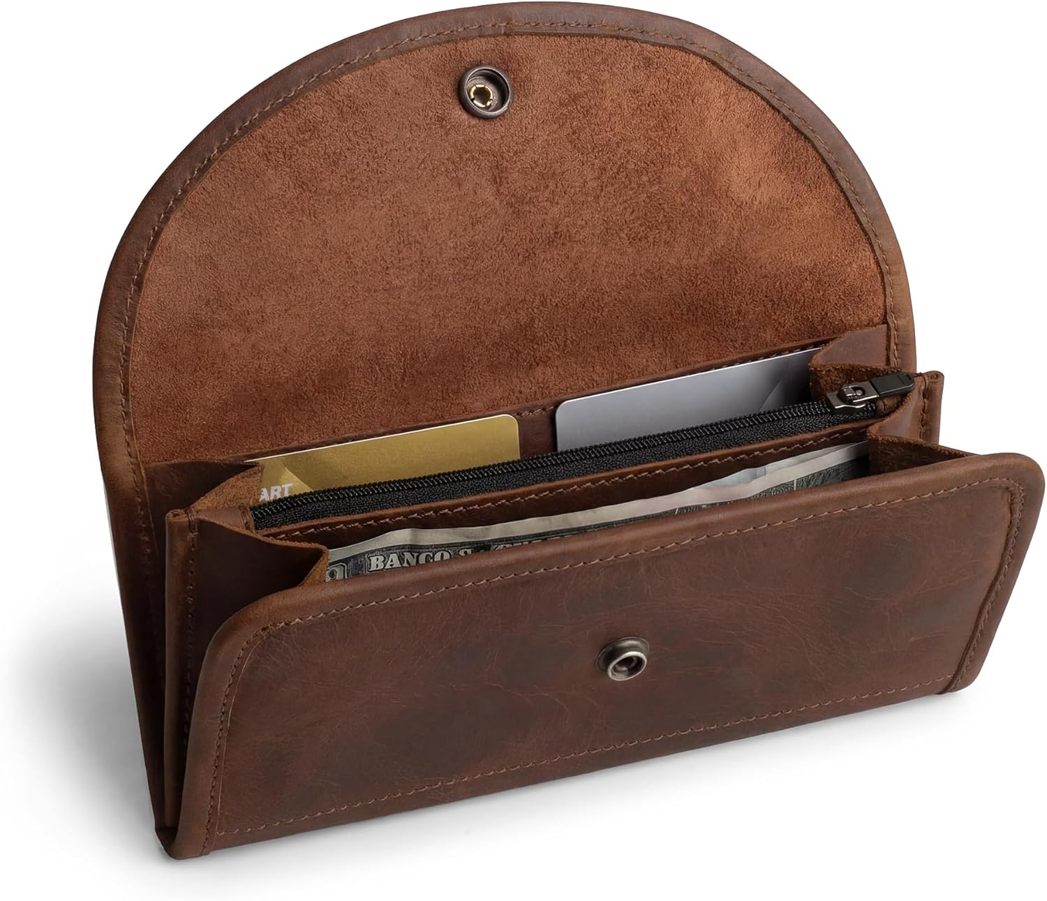 Hide & Drink, Full Grain Leather Snap Clutch Wallet for Women, Money Holder and Card Organizer with Zippered Pouch, Handmade, Dark Jade