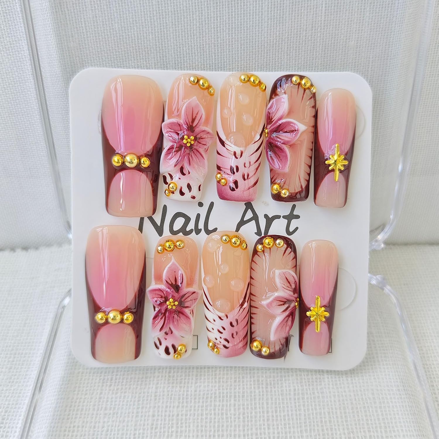 Square Press on Nails Long Handmade Ombre Brown Charm 10Pcs Size M