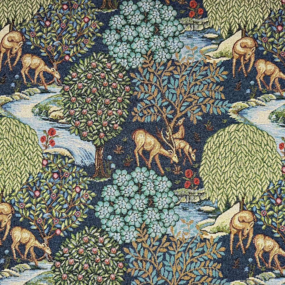 Tapestry Fabric William Morris The Brook Trees Deer Animals Nature 140cm Wide (Price Per Metre) (Blue)