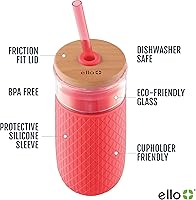 Vista 2 de Ello Devon 18oz Glass Tumbler with Straw, Friction Fit Bamboo Wood Lid and Silicone Sleeve Perfect for Iced Coffee, Tea, and Smoothies