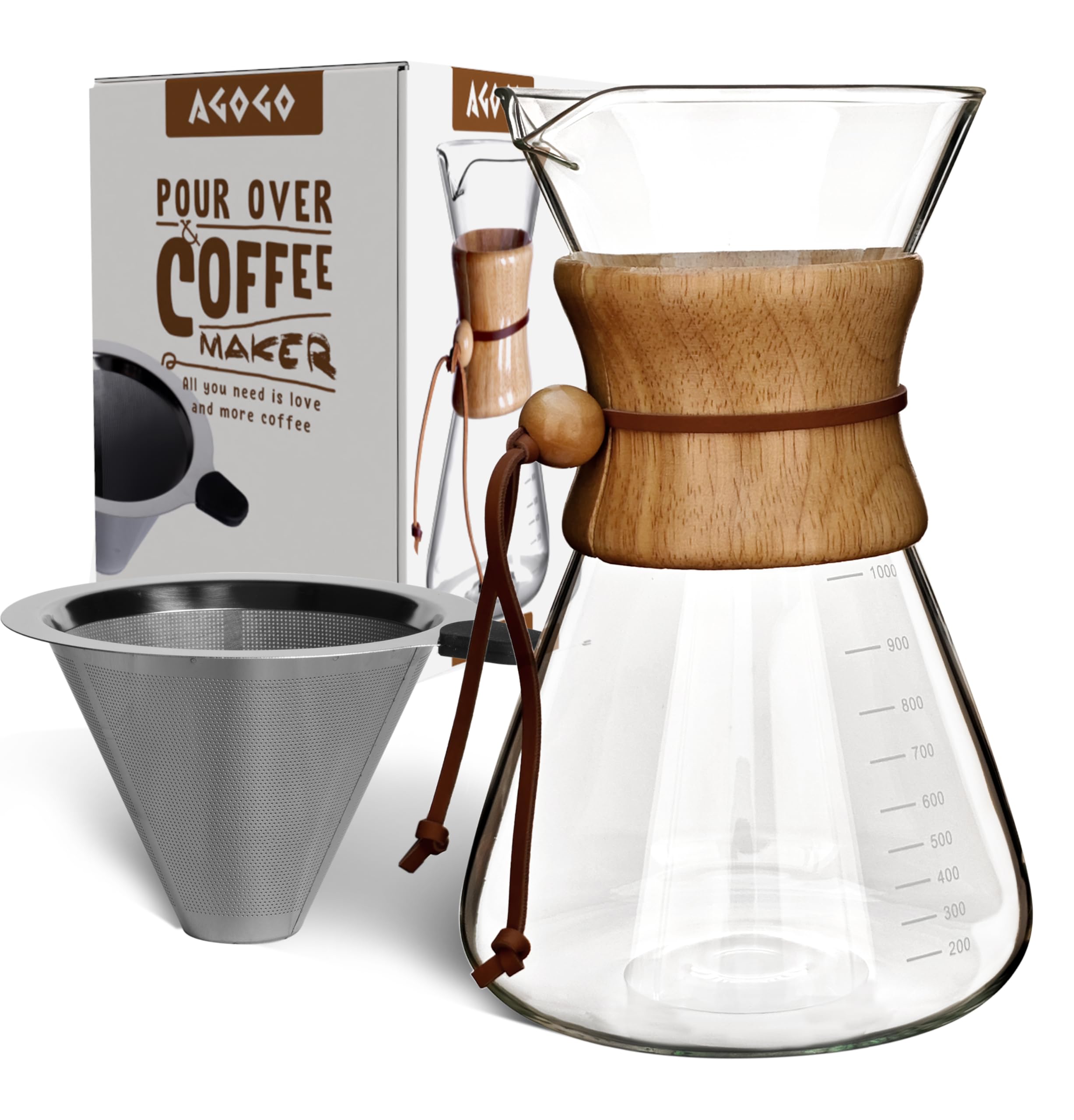 AGOGO Pour Over Coffee Maker Glass - 6/8/10 Cup Barista Kit with 304 Stainless Filter for Home, Office, Camping, Cafes - Easy Clean Coffee Dripper Set (Rag&Brush Included) (10 Cup/34 oz-Slim Shape)