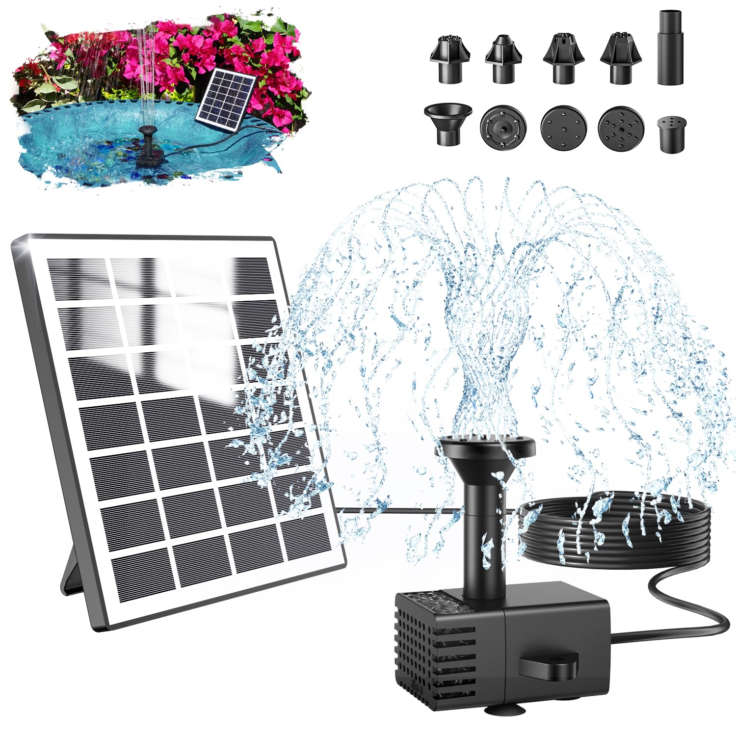 SZMP Solar Fountain Pump Kit, 2025 Upgraded DIY Bird Bath Fountains, Solar Powered Water Fountain with 10 DIY Nozzles & 9.84ft Power Cord, Outdoor Bird Bath Water Pump for Garden, Pool, Pond
