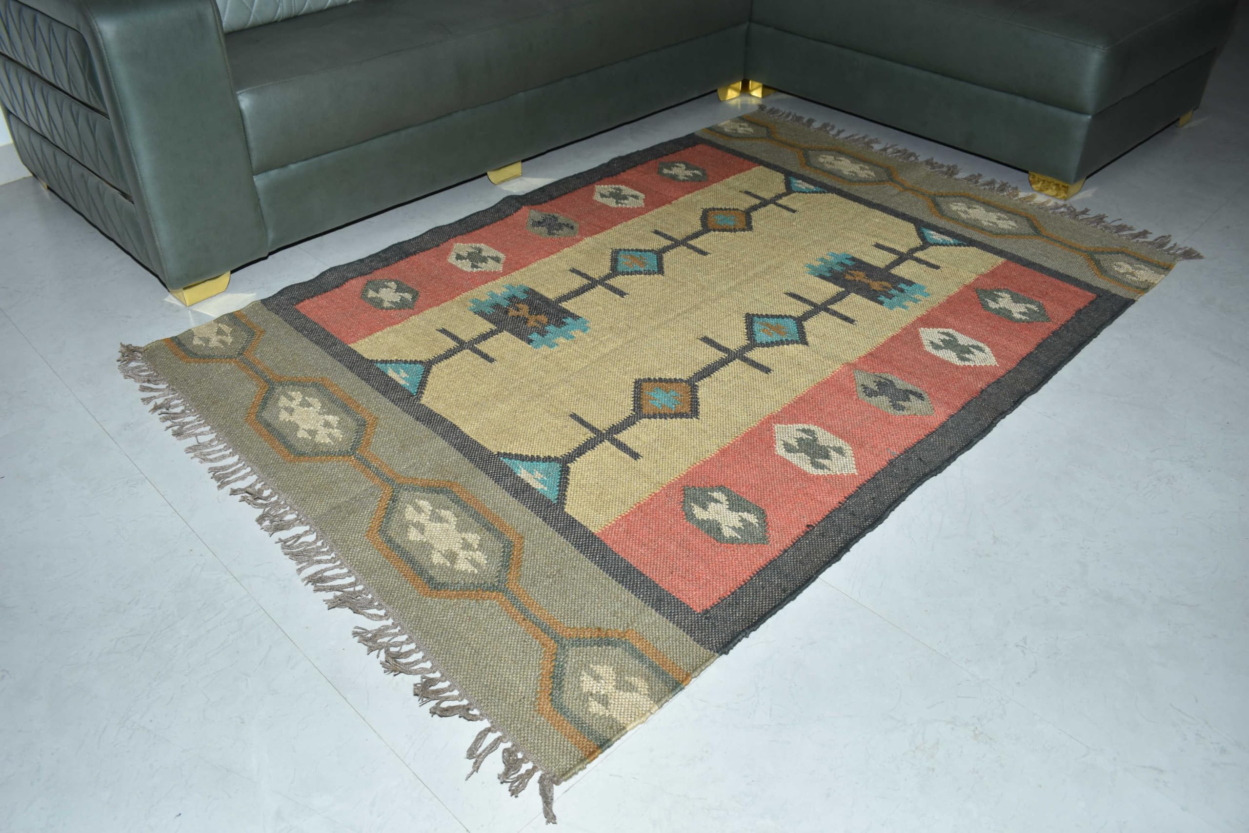Tappeto in lana e iuta Kilim dall'aspetto rustico per soggiorno, camera da letto, sala da pranzo, tessuto a mano (90 x 150 cm)