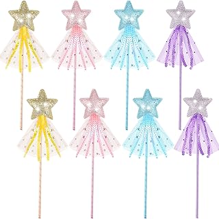 8 Pieces Fairy Wands Star Glitter Wand Princess Wands For Girls Kids Princess Party Favors Angel Wand Sticks With Ribbon Costume Props For Birthday Wedding Party Role Play Toy(Pink,Purple,Gold,Blue)
