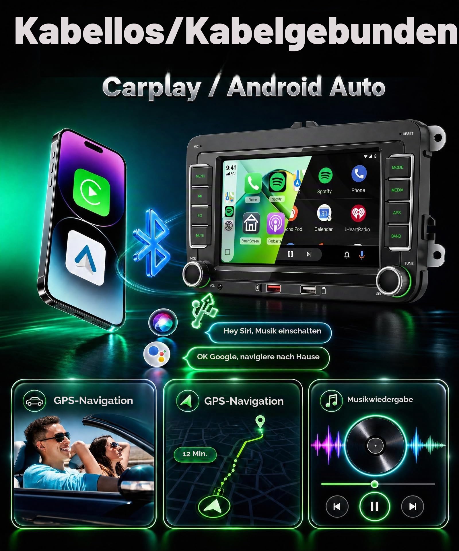 Rimoody Autoradio für VW Golf 5 6 Passat Polo Tiguan Touran Caddy Skoda SEAT Wireless Carplay Android Auto Bluetooth FM/AM/RDS Radio, 7 Zoll Touchscreen Radio Mirror Link EQ/SWC/USB Rückfahrkamera