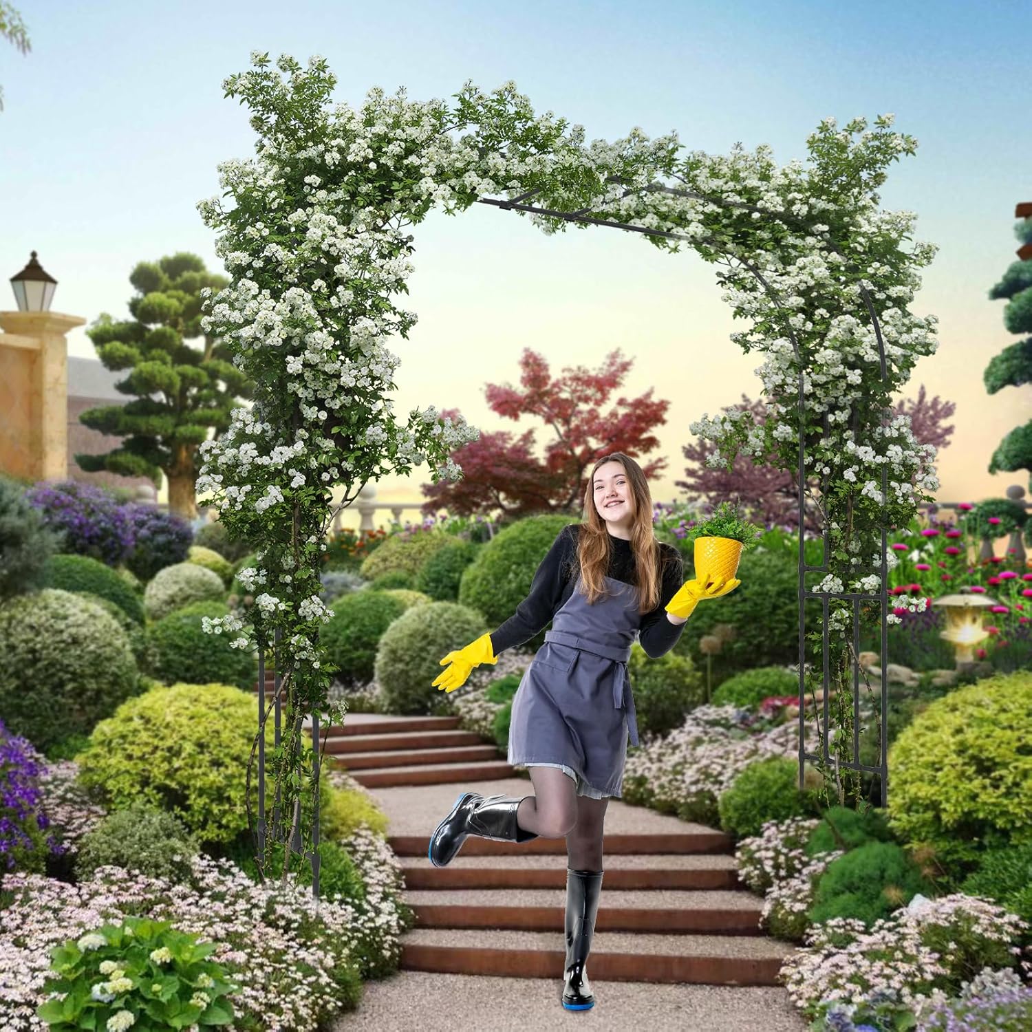 Garden Arch Trellis - Length: 98.5in, Height: 94.5in Garden Trellis for Climbing Plants Outdoor - Garden Arch for Lawn, Party, Ceremony Wedding Decoration (Black)