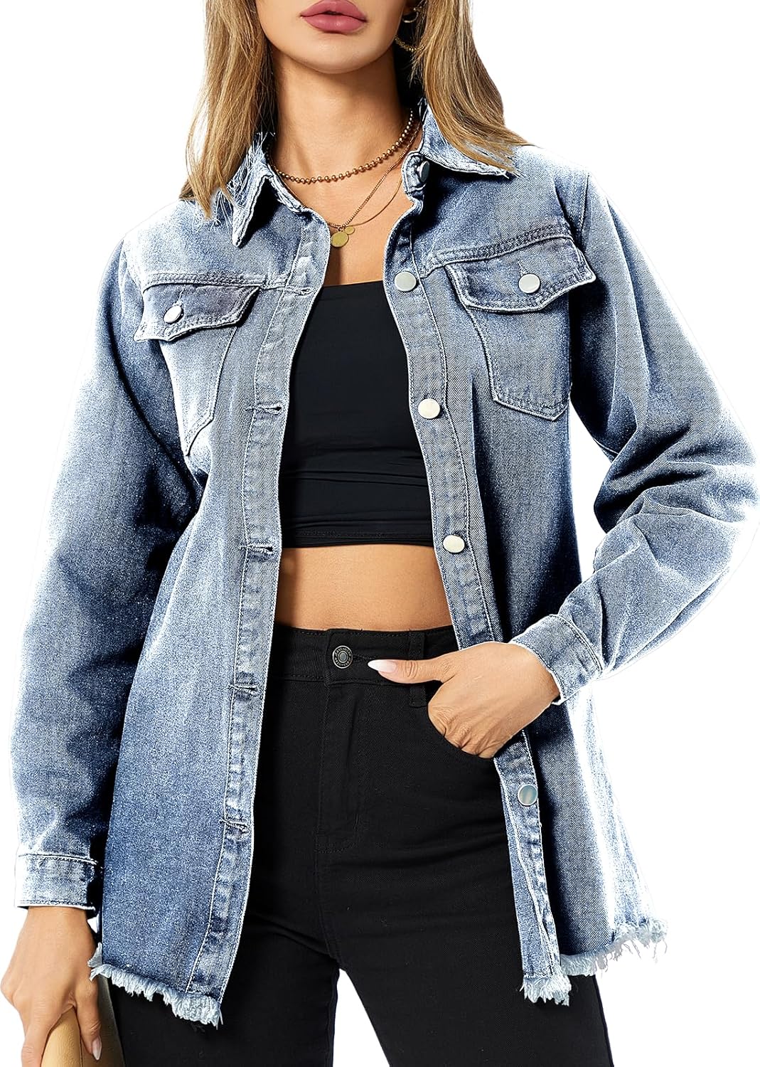 Women's Denim Jacket Casual Long Sleeve Denim Shirts Distressed Jean Jacket 2025 Spring Outfits
