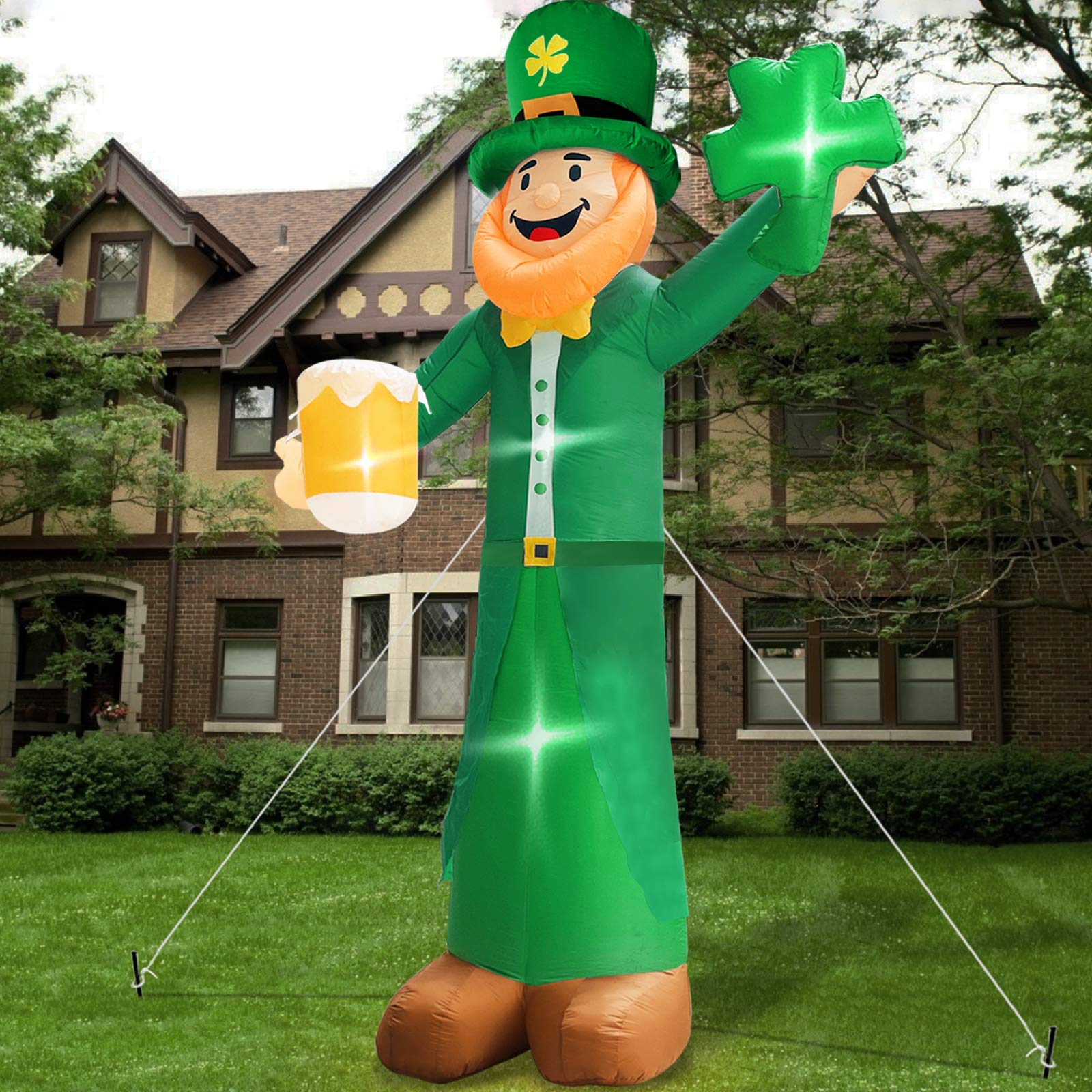 TURNMEON 12 Ft St. Patrick's Day Inflatable Outdoor Decoration Blow Up Leprechaun Hold Shamrocks Beer with LED Lights Tether Stakes St. Patrick's Day Yard Garden Lawn Home Party Outdoor Decorations