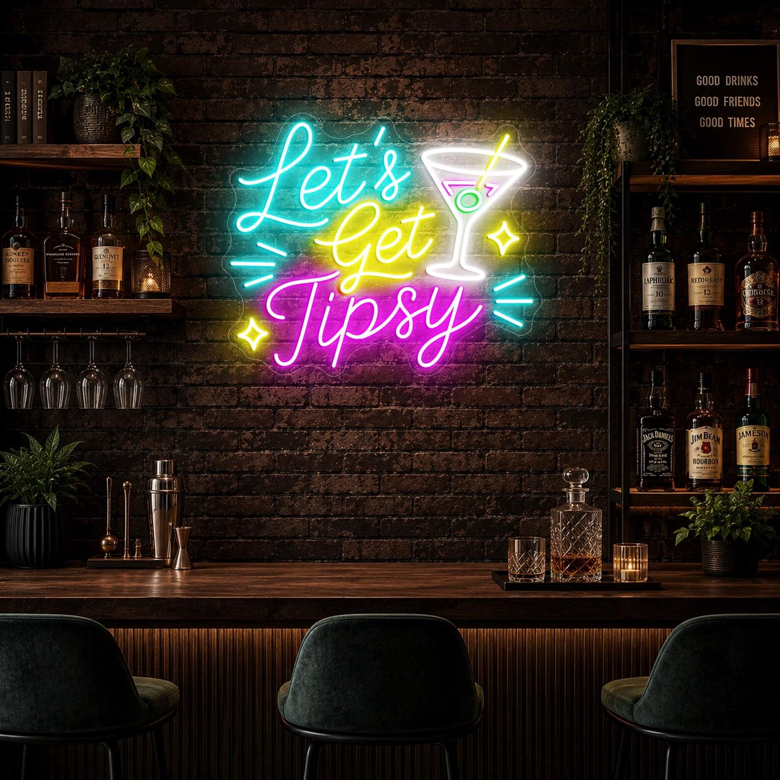 Let's Get Tipsy neonowy znak kolorowy koktajl LED neonowe światło | Dekoracja ścienna zasilana przez USB do domowego baru, pubu, męskiej jaskini, imprezy