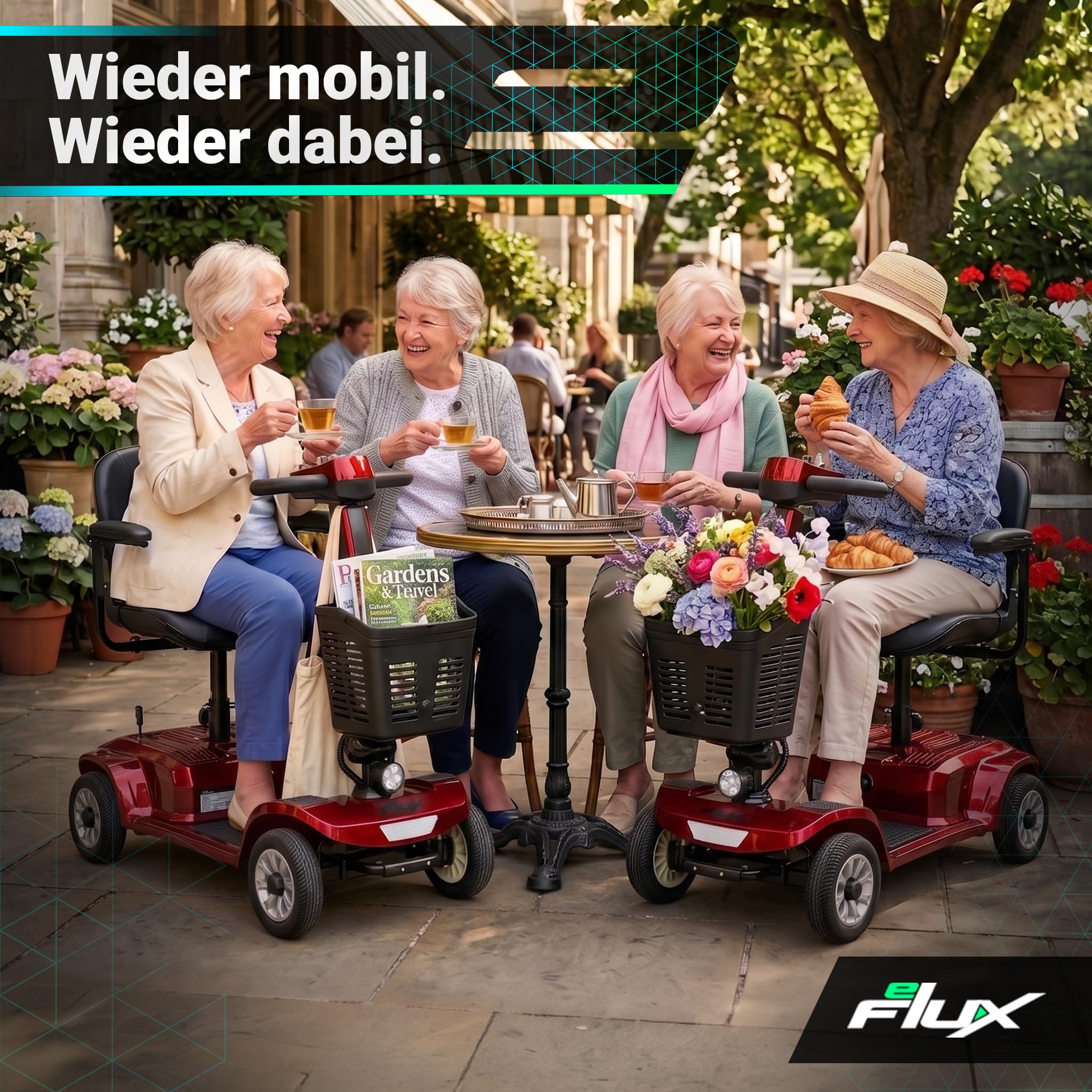 eFlux Seniorenmobil M1 | Elektromobil für Senioren klappbar - Bis 20 km Reichweite - Rollator - Rollstuhl elektrisch - Elektrorollstuhl - Seniorenroller (Rot)