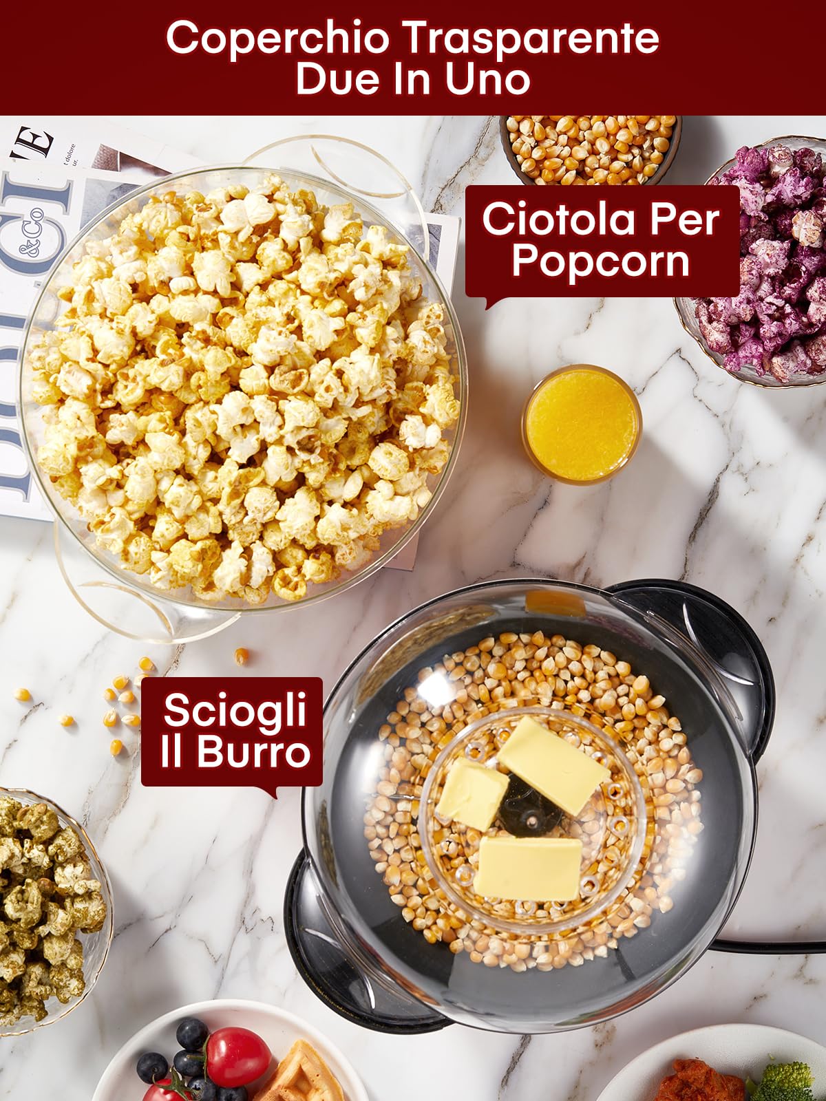 FOHERE Macchina Popcorn, 3,5 L Macchina Per Popcorn Casalinga con Sbattitore Elettrico, Pop Corn Macchina con Zucchero e Olio, Rivestimento Antiaderente, Ampio Coperchio Come Ciotola da Portata