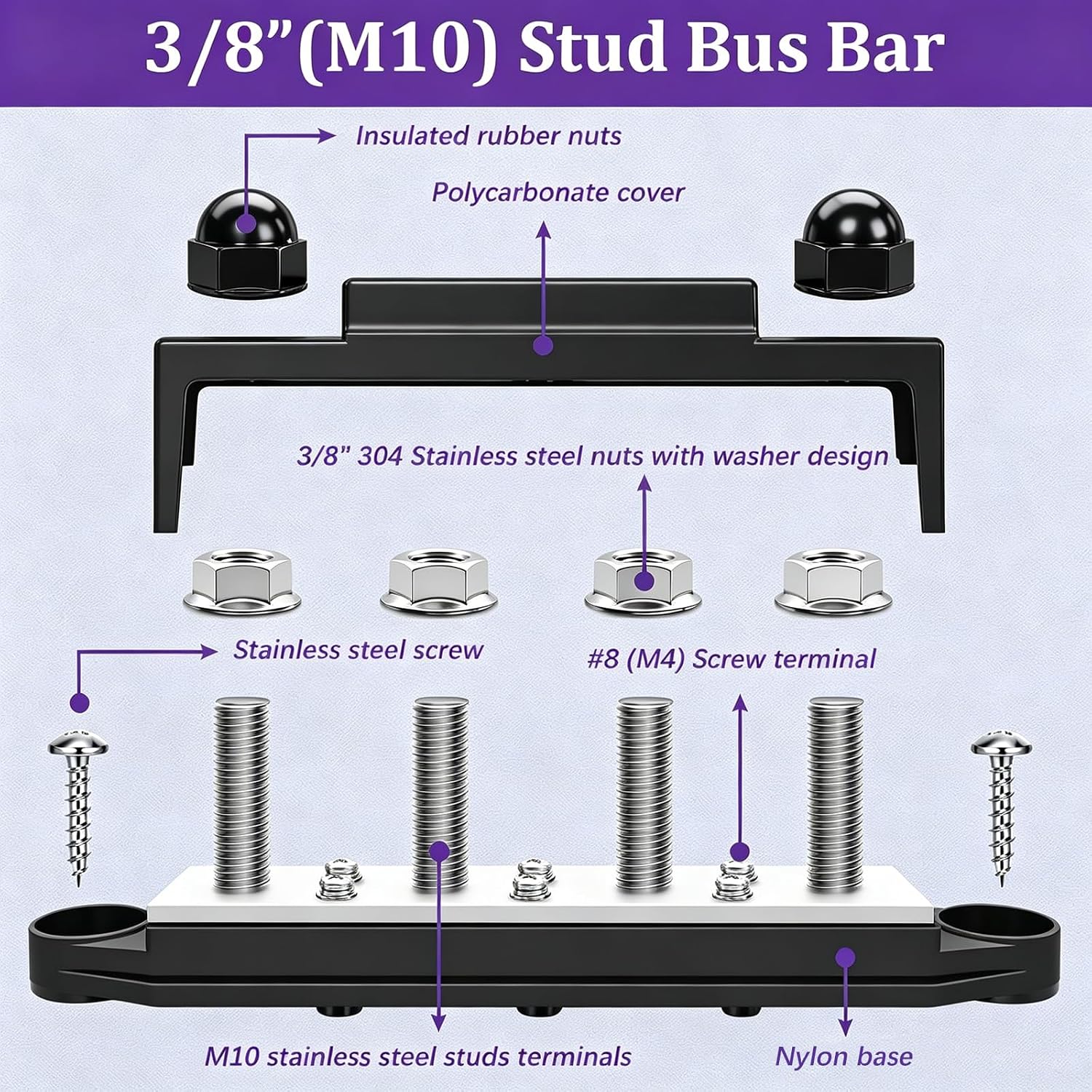 250A 12V Bus Bar Marine 12V,Power Distribution Block with Cover with 4 x 3/8”Post 6 x #8 Screws Terminals,Battery Bus Bar with 4PCS Battery Lugs and 4PCS Heat Shrink Tubing for Car Boat Solar Wiring