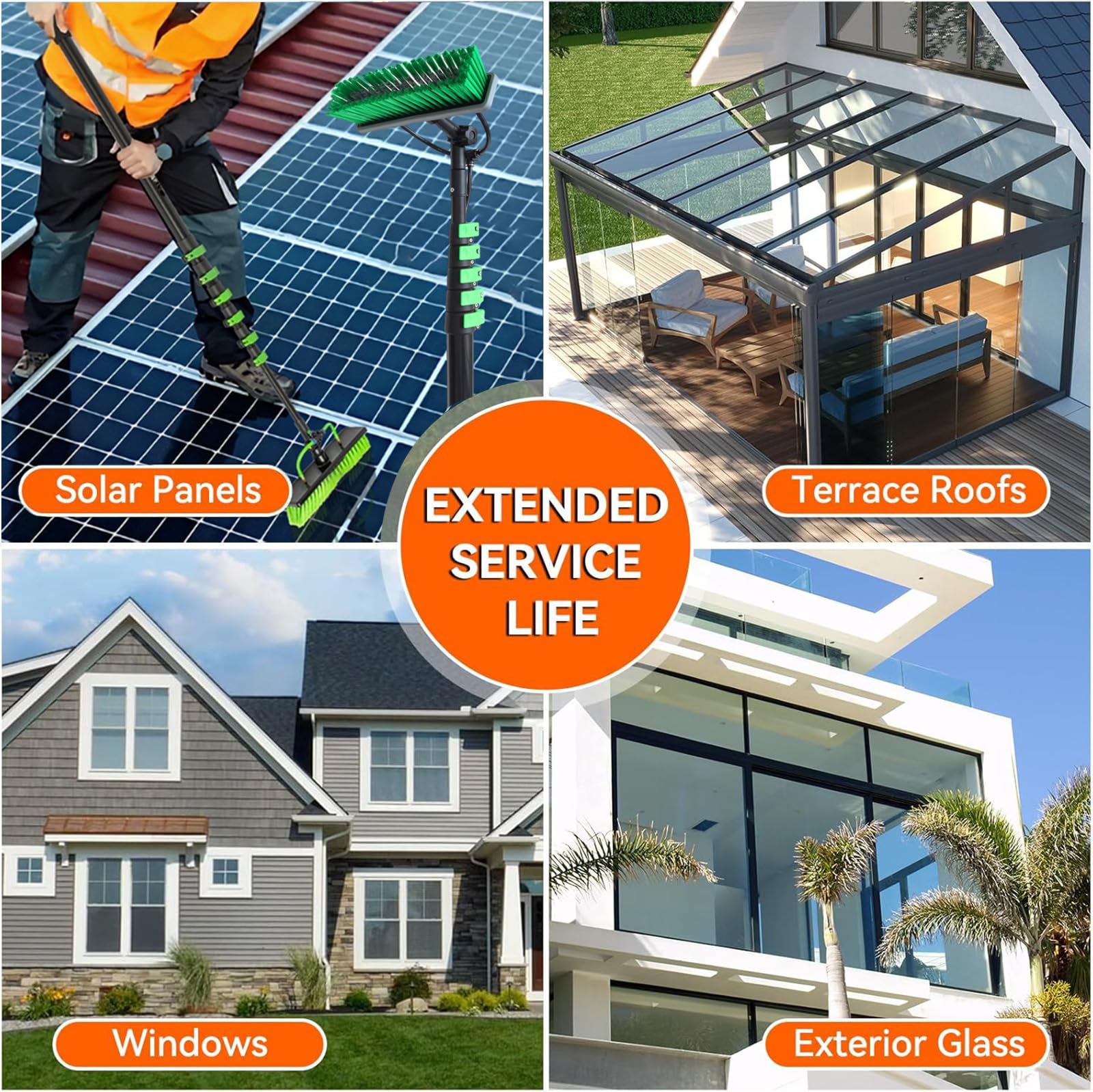 Fensterreinigungsbürste mit Teleskopstange, Wasserzufuhrsystem, Abzieher, Seifenspender und Schlauch zur effizienten Reinigung von Solarzellen, Dächern und Autos