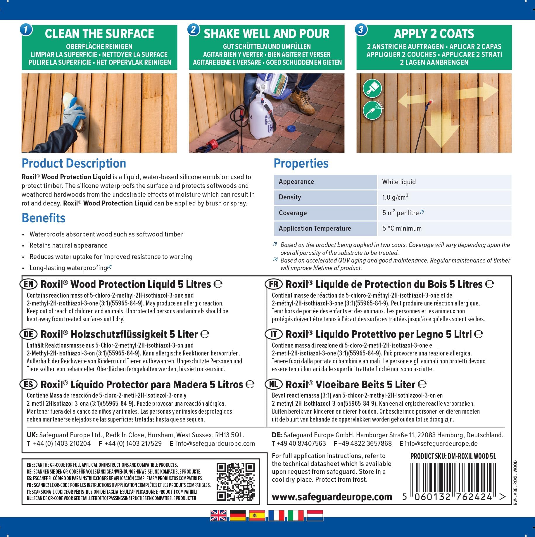 Roxil Liquide Imperméabilisant pour Bois 5 litres Protection Hydrofuge Extérieur Incolore 25m2