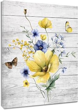 HVEST Farmhouse Yellow Floral Wall Art for Living Room,Blue and Yellow Wildflower Butterfly on Rustic Wood Canvas Wall Art Nature Plant Flower Pictures for Bedroom Bathroom Wall Decor,16L X 12W inches