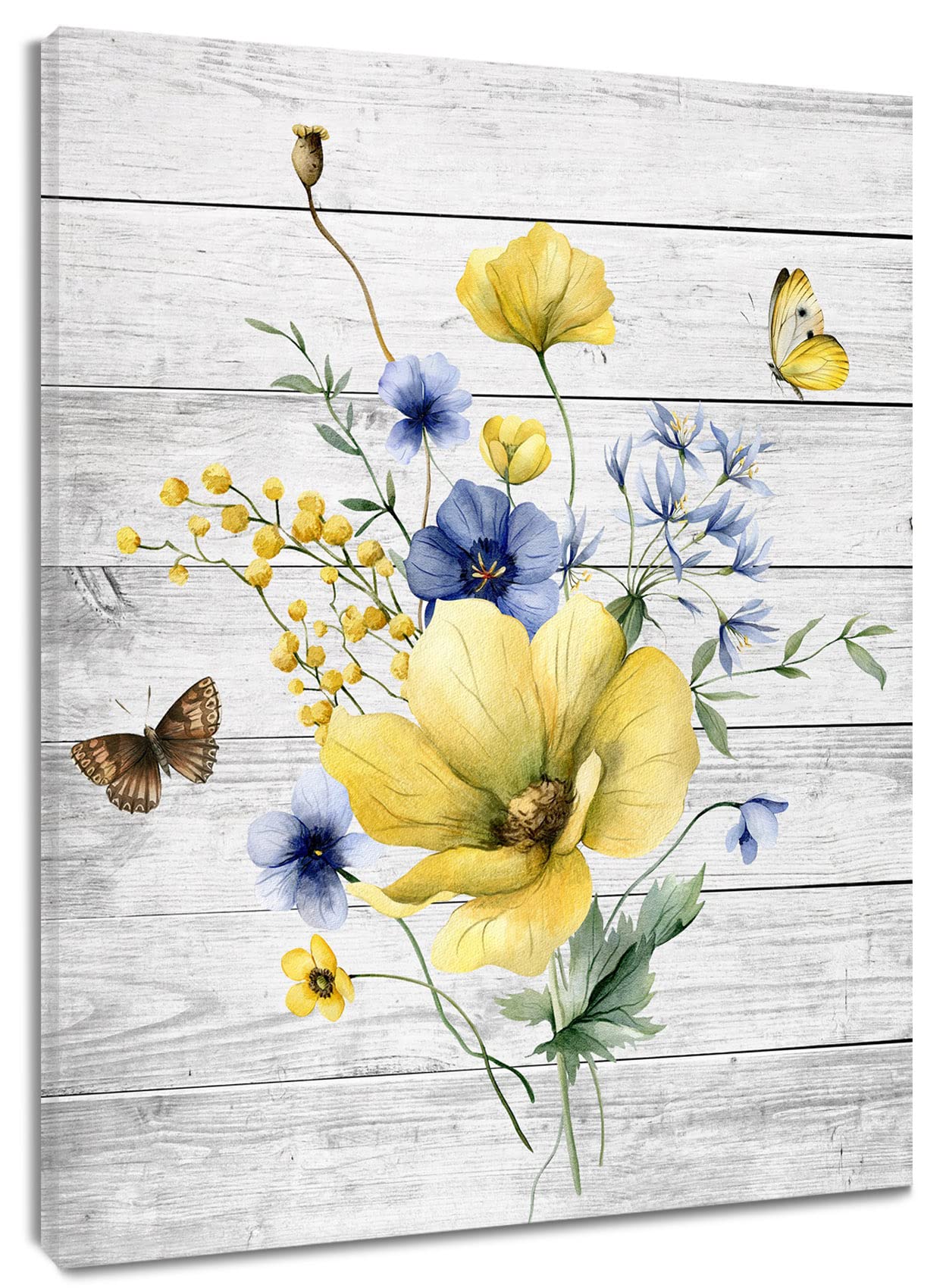 HVEST Blue and Yellow Floral Wall Art for Living Room,Country Flower and Butterfly on Farmhouse Wood Canvas Wall Art Blue Wildflower Framed Wall Art for Bathroom Bedroom Wall Decor, 16X20 inches