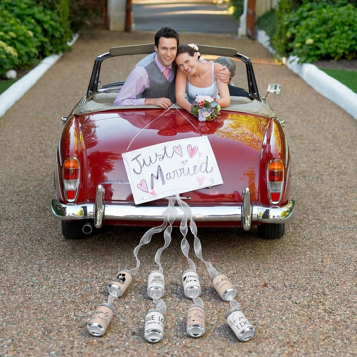 18 Pcs Just Married Car Decorations Wedding Car Decorations Giant Pull Ribbon Bow Tin Cans Stickers for Automotive Decor Accessories Bride Vehicles Photo Props Elegant Wedding Party Decor
