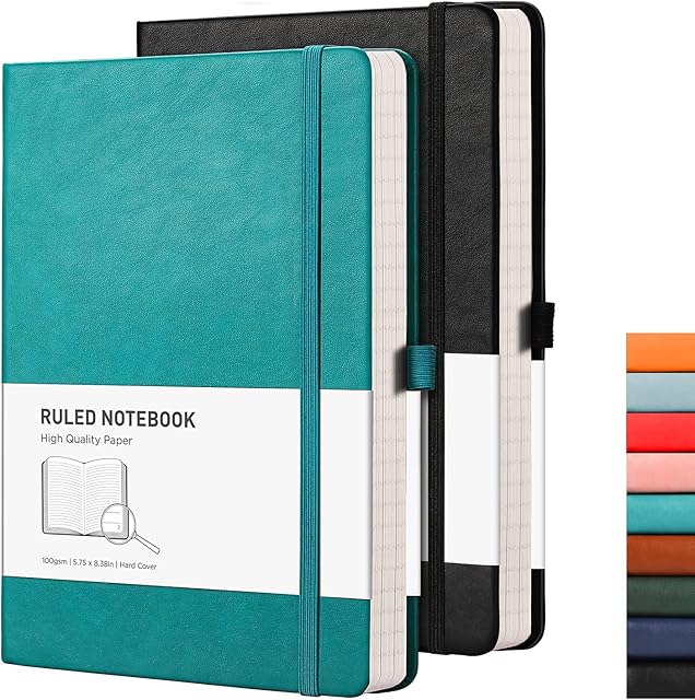 RETTACY Notepad A5 Lined 2 Pack - Leather Journal with 376 Numbered Ruled Pages, Hardcover Notebook,2 Free Sticky Notes Divider,8 Perforated Sheets, Pen Loop, Inner Pocket, 14.5 x 21cmBlack Cyan