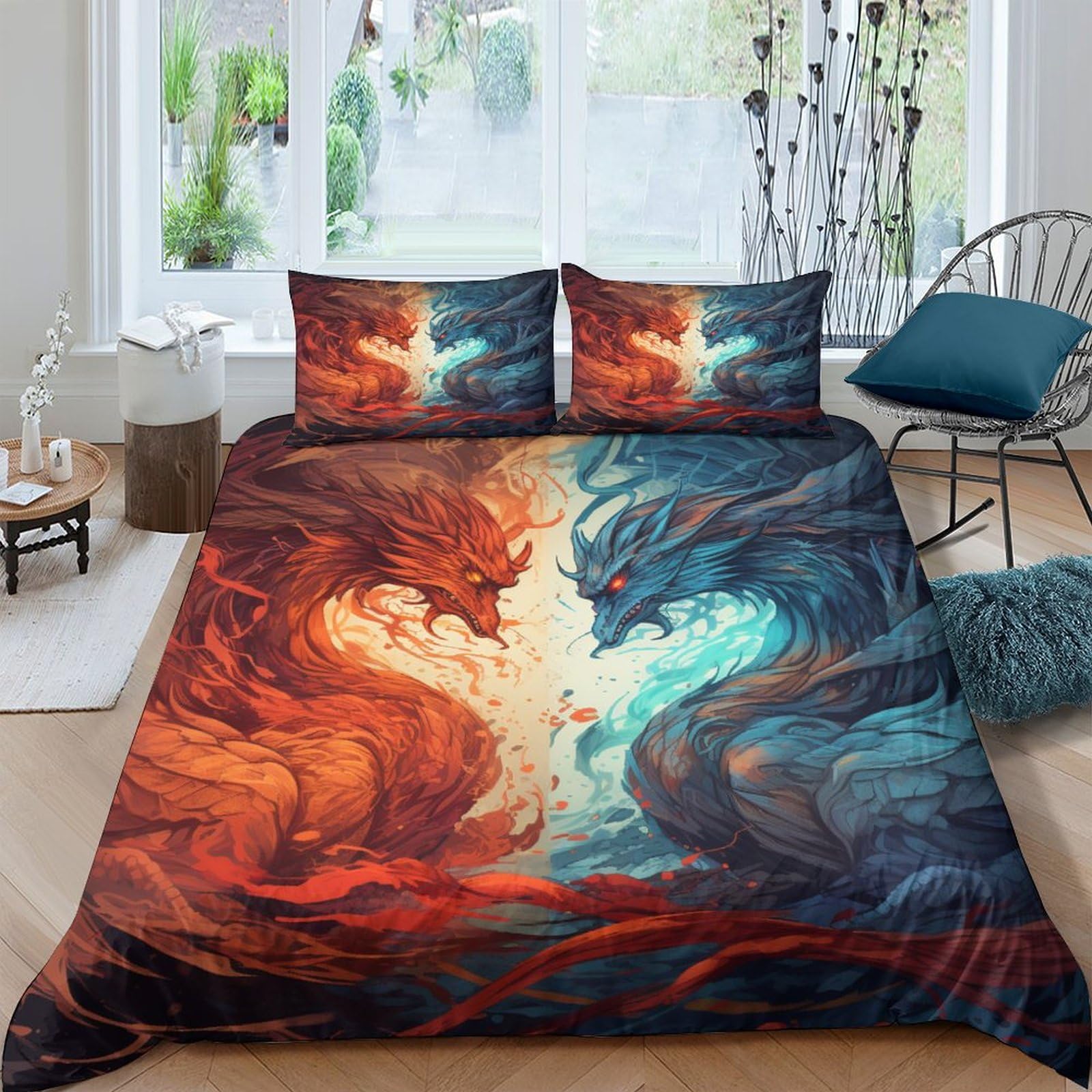 Housse de couette dragon 220 x 240 cm pour transformer la décoration d'une chambre king size