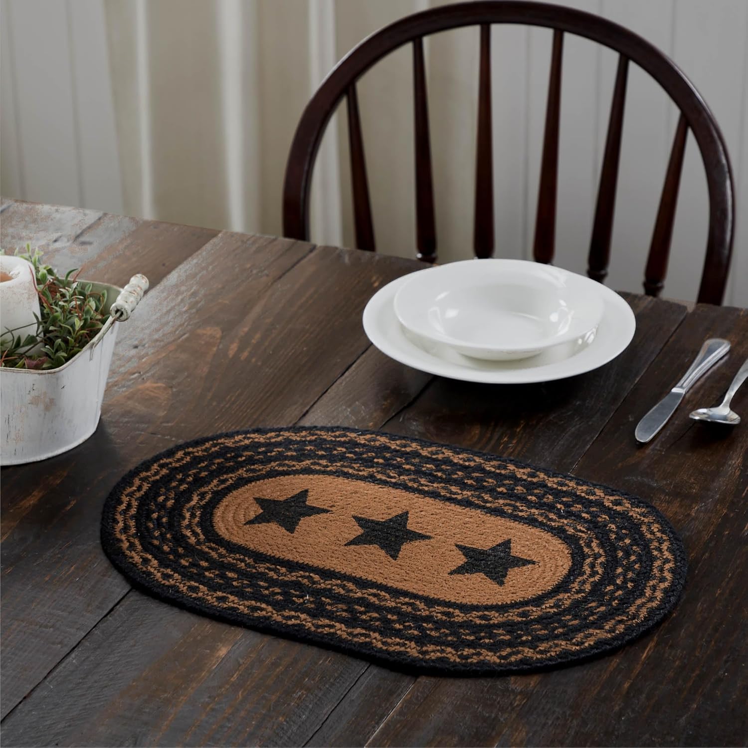 VHC Brands Farmhouse Star Dining Table Placemat, Braided Jute, Oval, Black Tan, 10x15, 4 Pack 4 Pack