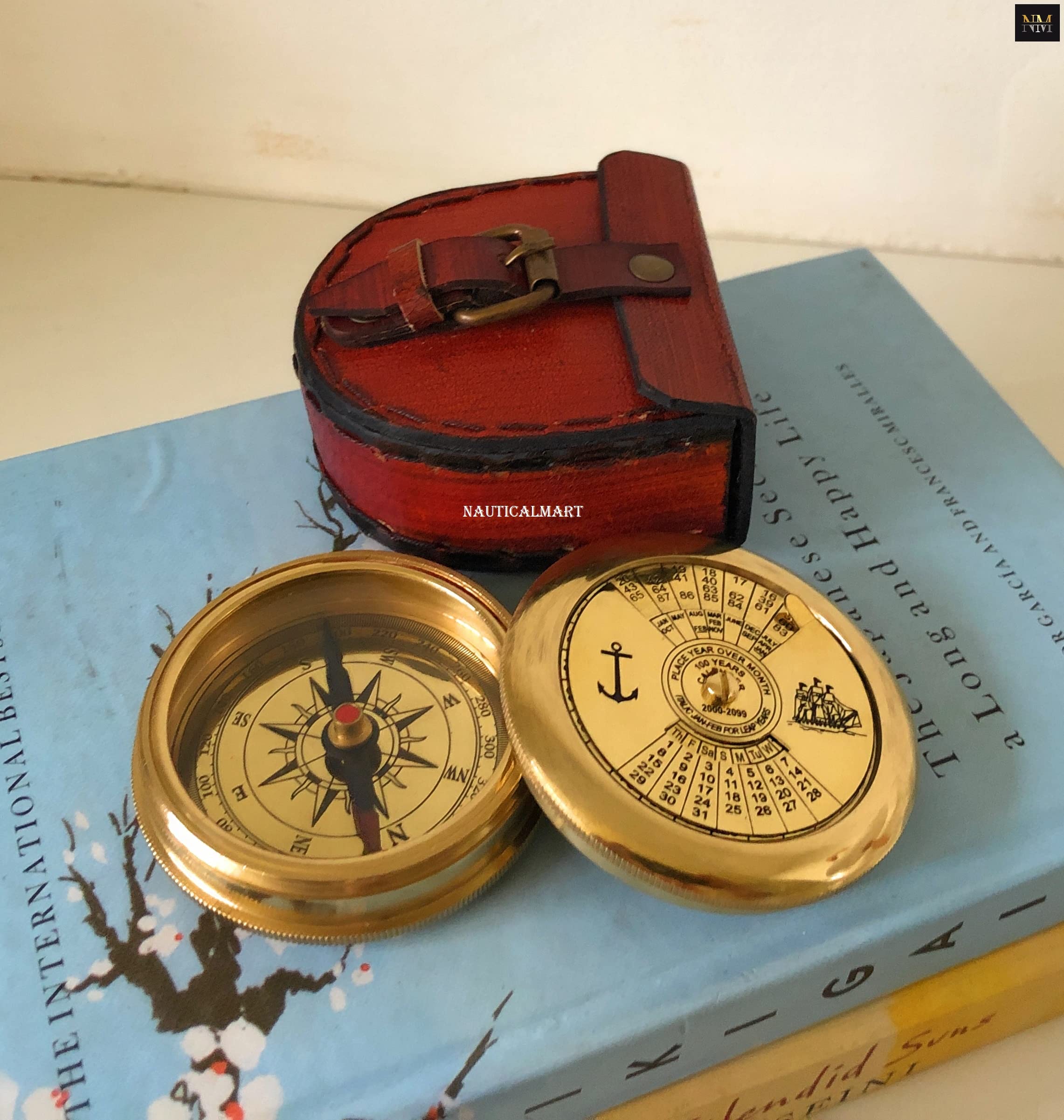 NauticalMart Marine Brass Compass with Calendar Nautical Decor, Pocket Compass, Camping Travelling Equipment, Boat Compass, Home Decor, Gifts for Teen Family, Nautical Navy Compass