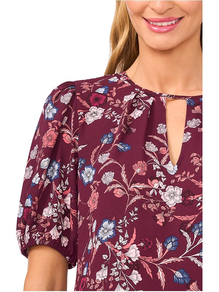 Purple CeCe Front Keyhole Short Puff Sleeve Top