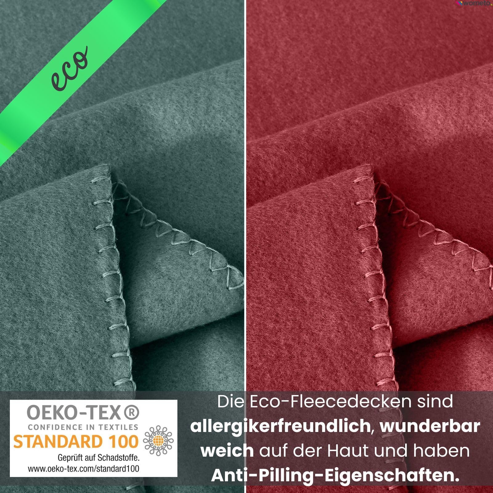wometo Pack de 10 mantas de forro polar ecológico de material 100% reciclado + certificado Öko-Tex, 130 x 160 cm, aprox. 400 g, color rojo oscuro con antibolitas y borde de ribete