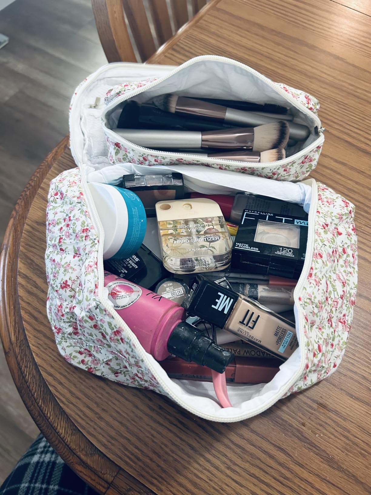 UUYUUY Makeup Bag for Women 3PCS Quilted Cotton Make Up Bag Travel Cosmetic Bag Large Makeup Bag Set Cute Makeups Organizer Floral Toiletry Pouch for Purse, Pink Floral D