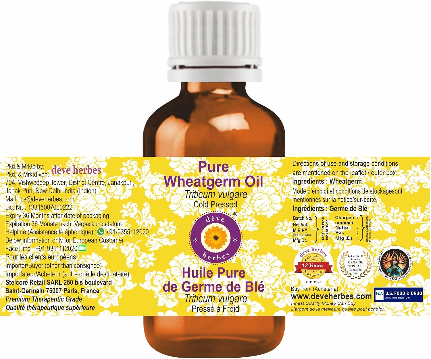 Deve Herbes Pure Wheatgerm Oil (Triticum vulgare) Cold Pressed 5ml (0.16 oz)