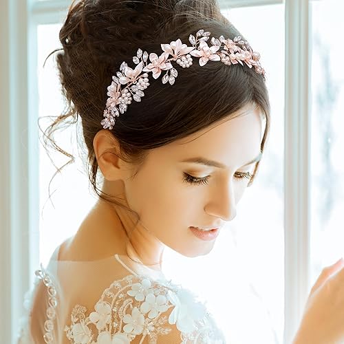 Miniatura 4 de Oriamour Diadema de boda para novia, diseño de flores, con perlas y cintas de agua dulce genuinas, accesorios para el cabello para novia (oro rosa)