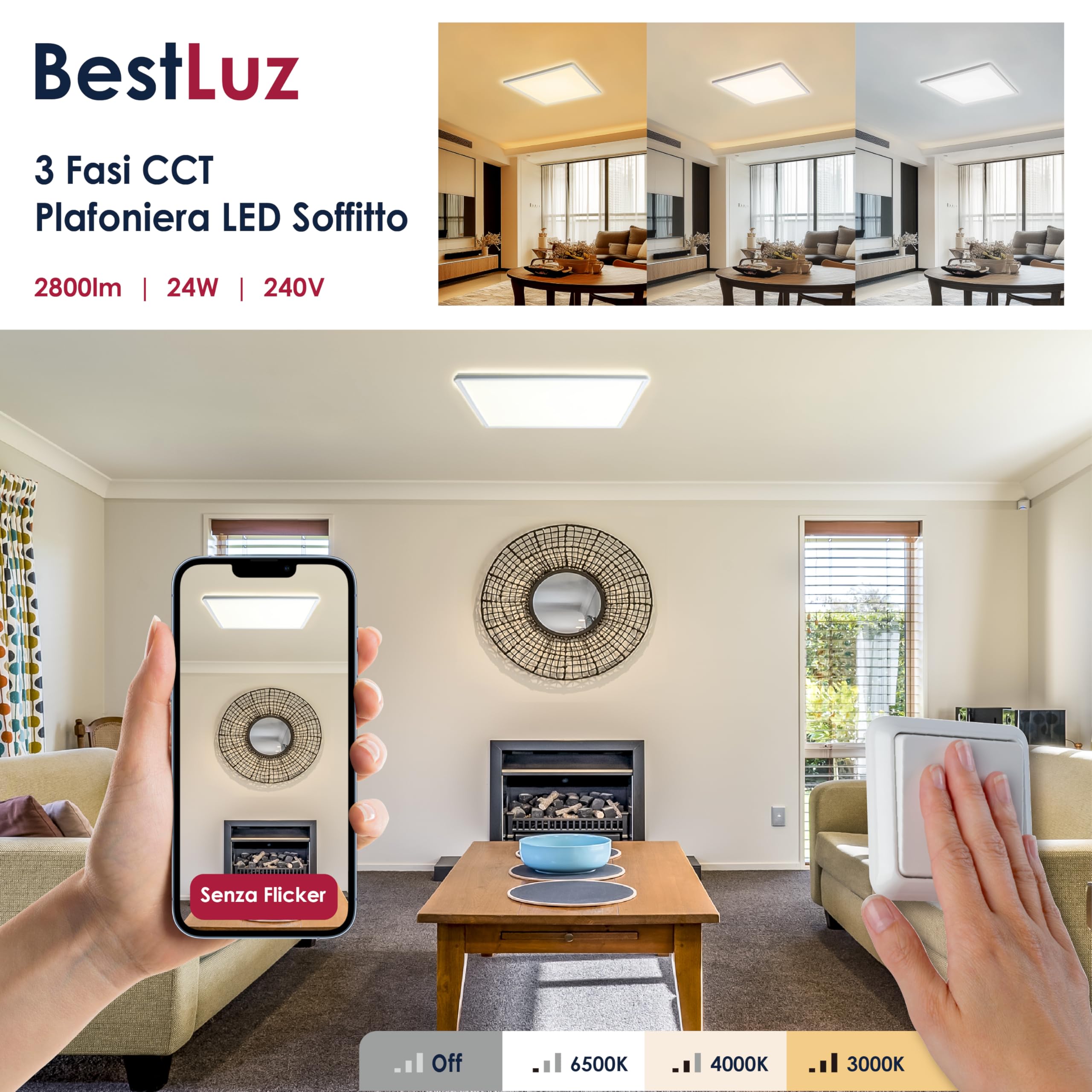 BestLuz LED Plafoniera, 3 Stadi 3000K/4000K/6500K 42x42 CM 24W 2800LM, Ultra Sottile, Bianco, Minimalista, per Soggiorno, Camera da letto, Bagno, Cucina