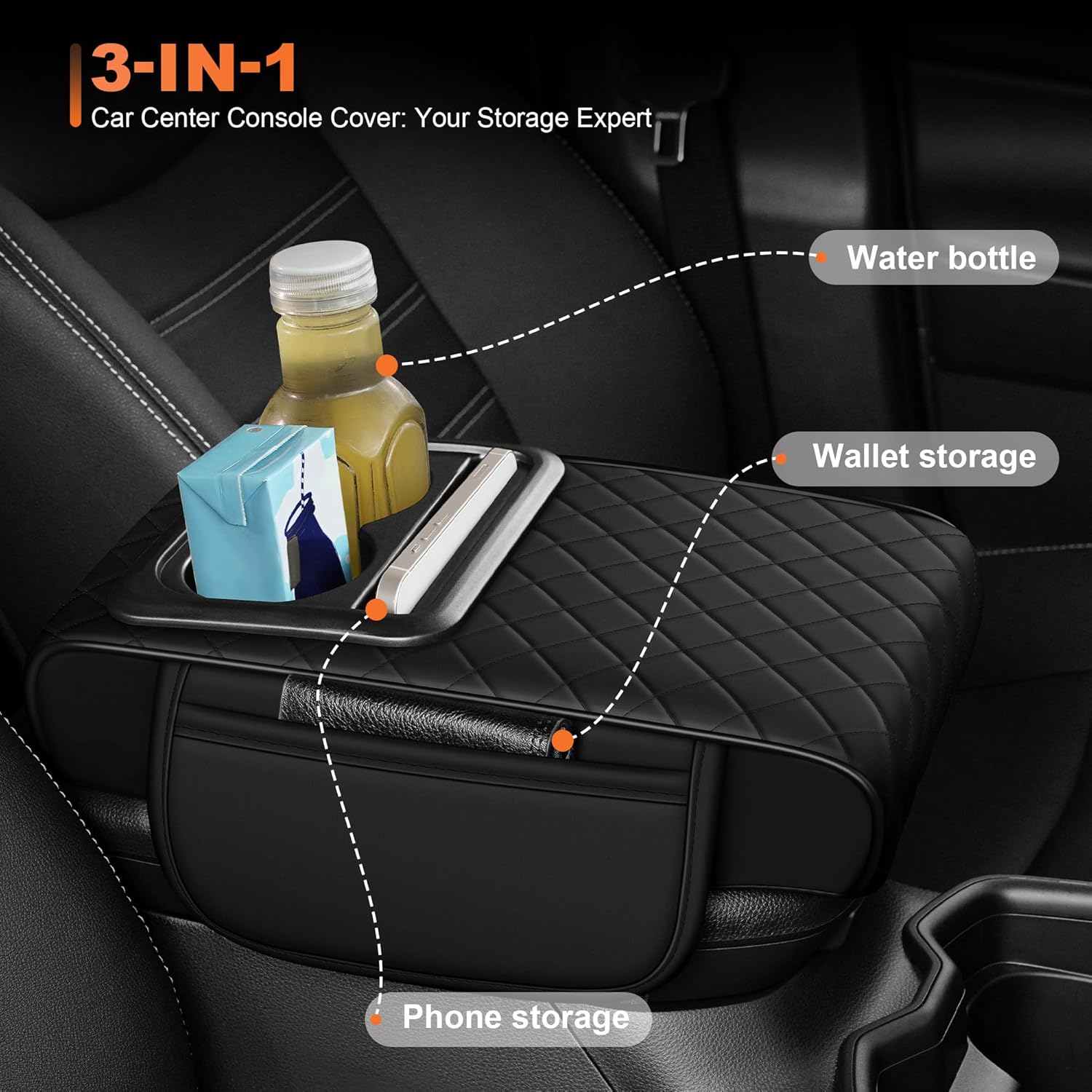 Center Console Cover Fit for Kia Sorento 2003-2025 with 2 Storage Bags Waterproof Leather Quilted Pattern Car Armrest Cover Cushion Elevating Pad Anti-Slip(Black)