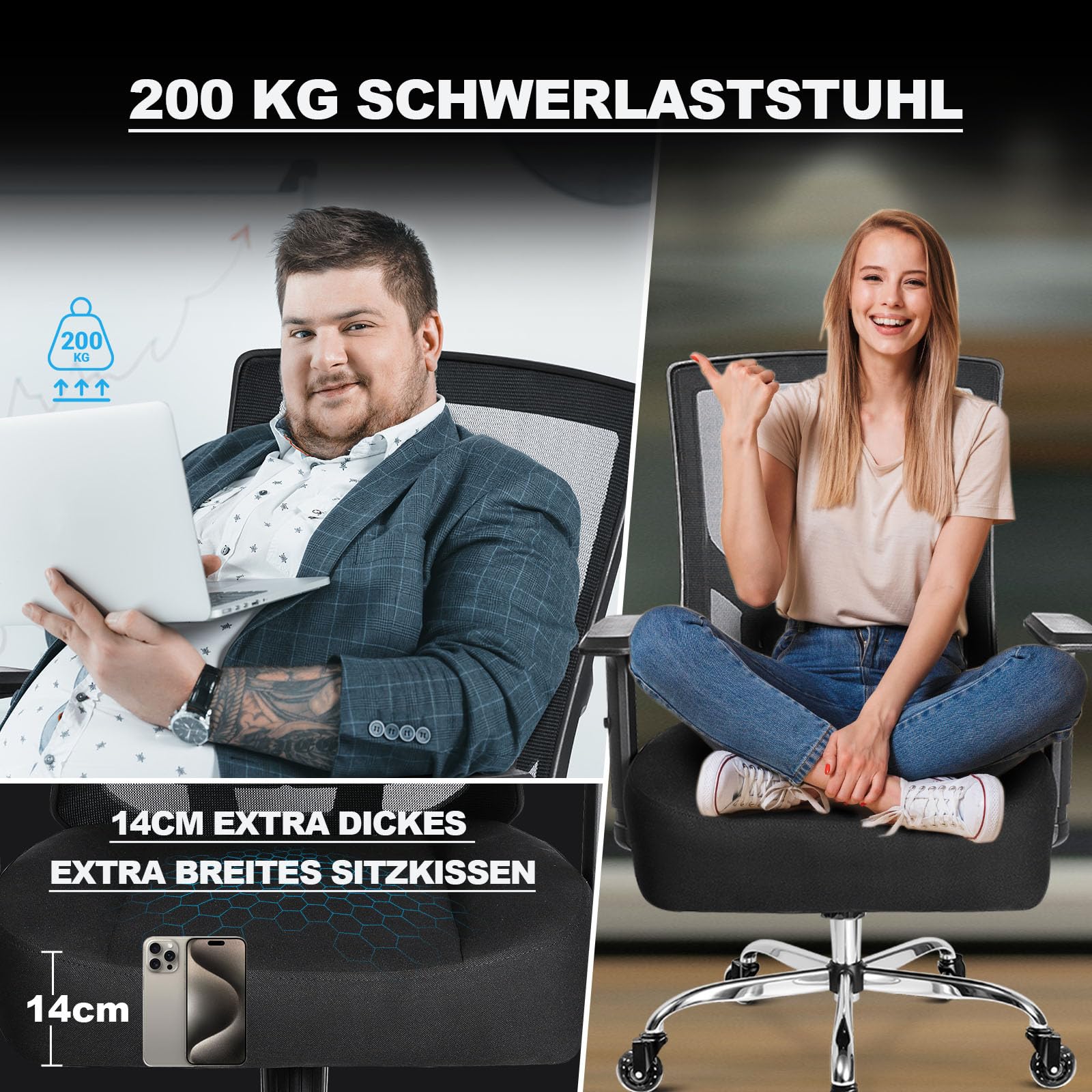 MELOKEA Bürostuhl 200KG XL [Lendenkissen Inklusive], Bürostuhl Ergonomisch | Breites & Dickes Federkern-Sitzkissen, Gummirollen,Verstellbare Lendenwirbelstütze, Stufenlose Neigungsfunktion, Home Office