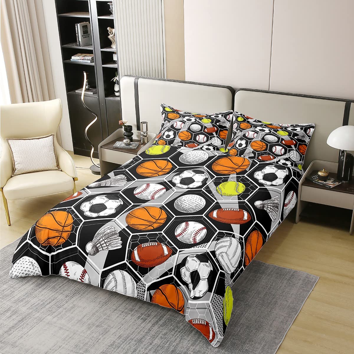 Erosebridal100% Cotton Ball Games Bedding Sets Basketball Football Comforter Cover Hexagon Geometric Sports Duvet Cover Set Baseball Tennis Badminton Rugby Quilt Cover with 2 Pillow Cases Queen Size