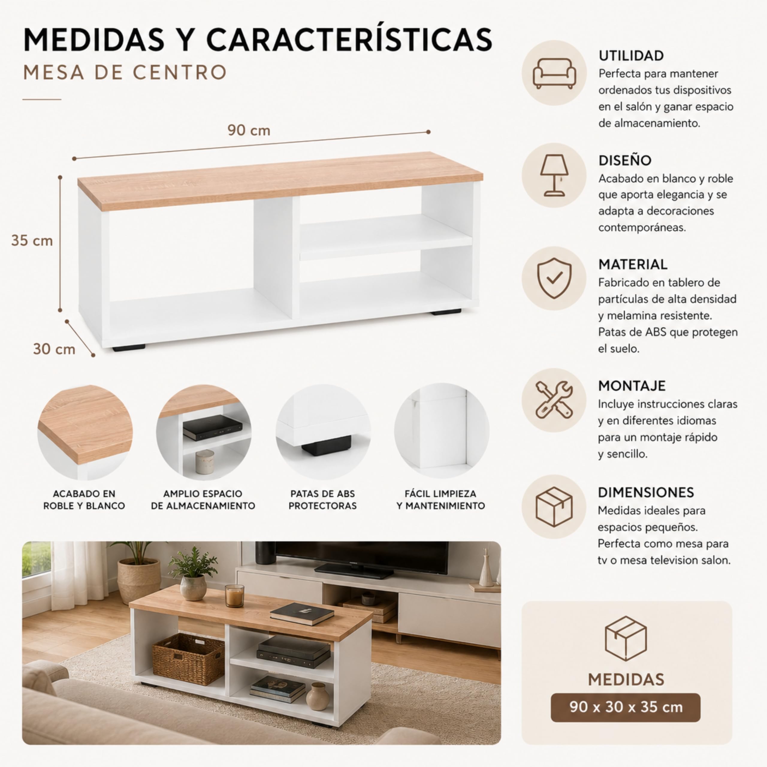 Mueble TV Blanco y Roble, Mesa TV Moderna para Salón - 90x30x35 cm | Estilo Moderno, Ideal para Decoración del Salón - Mueble TV Blanco pequeño. ONA