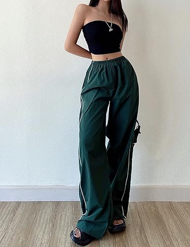 Miniatura 2 de Pantalones de paracaídas para mujer, pantalones holgados Y2K, cintura elástica, color negro, pierna ancha