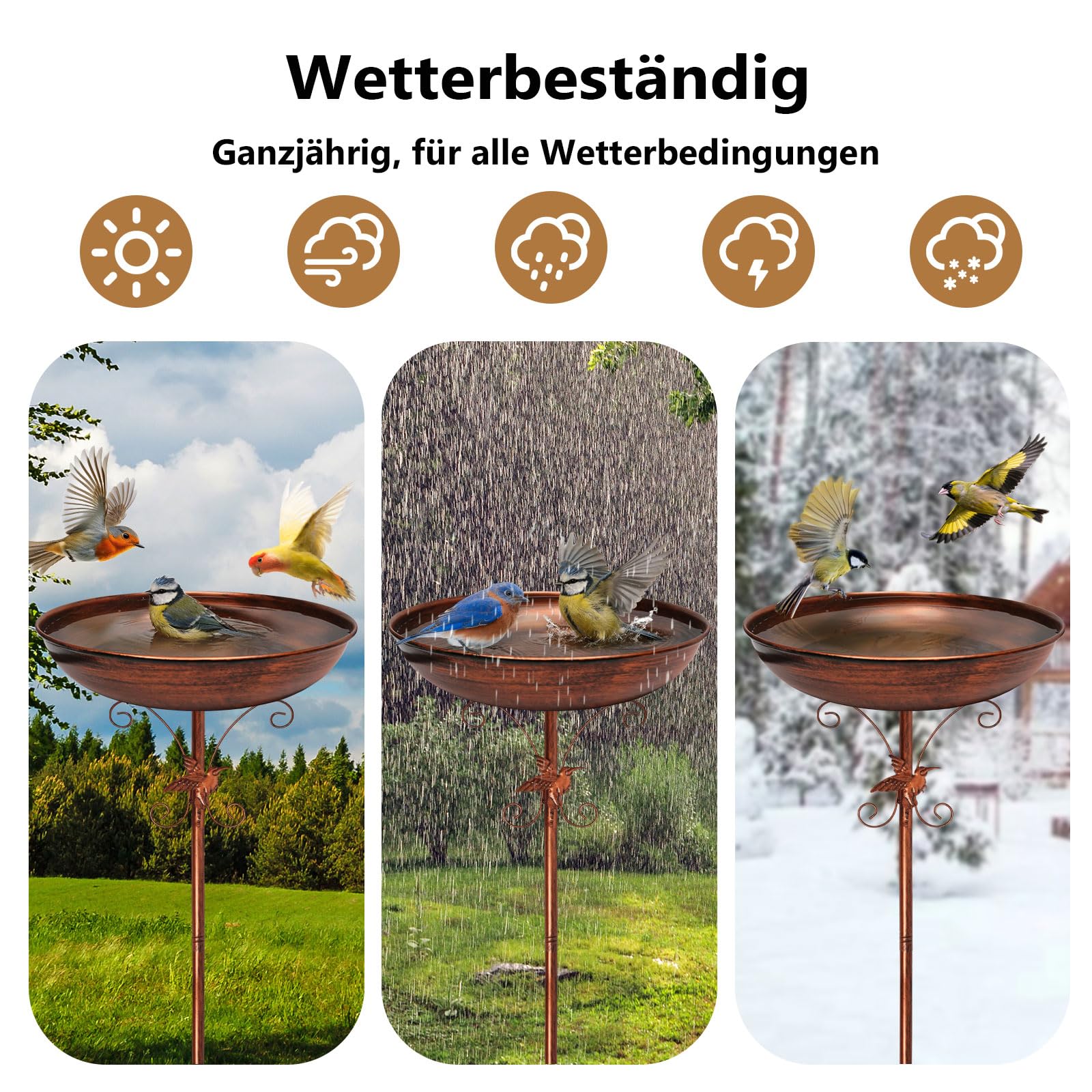 Newthinking Vogeltränke Stehend 39 Zoll, Frostsicheres 3-in-1 Metall Vogelbad mit Vogelrelief, Winterfest für Garten zum Baden, Trinken und Füttern (Antik Bronze)