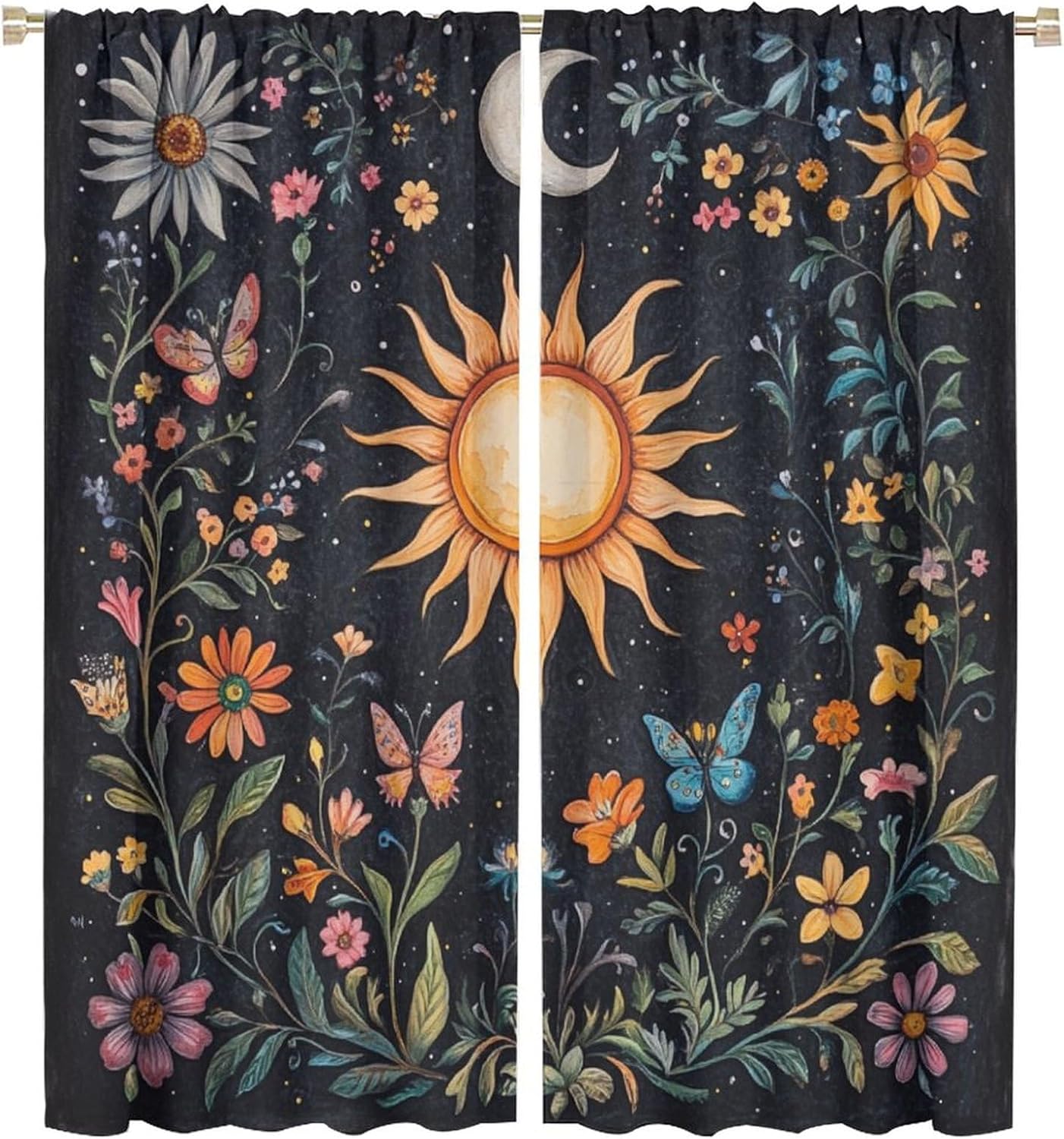 Sun Moon Celestial Blackout Curtains for Bedroom/Living Room, Mystical Butterfly Floral Leaf Thermal Insulated Curtains Rod Pocket Window Drapes, 2 Panels/Each 21" W x 45" L